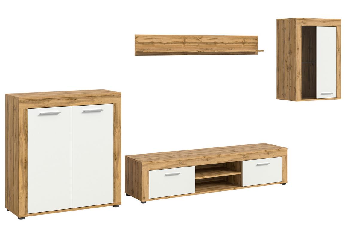 Wohnwand Jam Eiche Wotan Dekor B: 330cm - Silberfarben/Eiche Wotan, Design, Glas/Holzwerkstoff (330/169/35cm) - MID.YOU