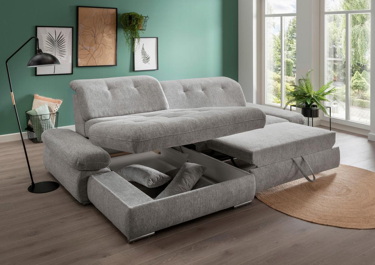 Ecksofa mit Schlaffunktion Dalida Silberfarben Chenille - Chromfarben/Silberfarben, Design, Textil (196/300cm) - Livetastic