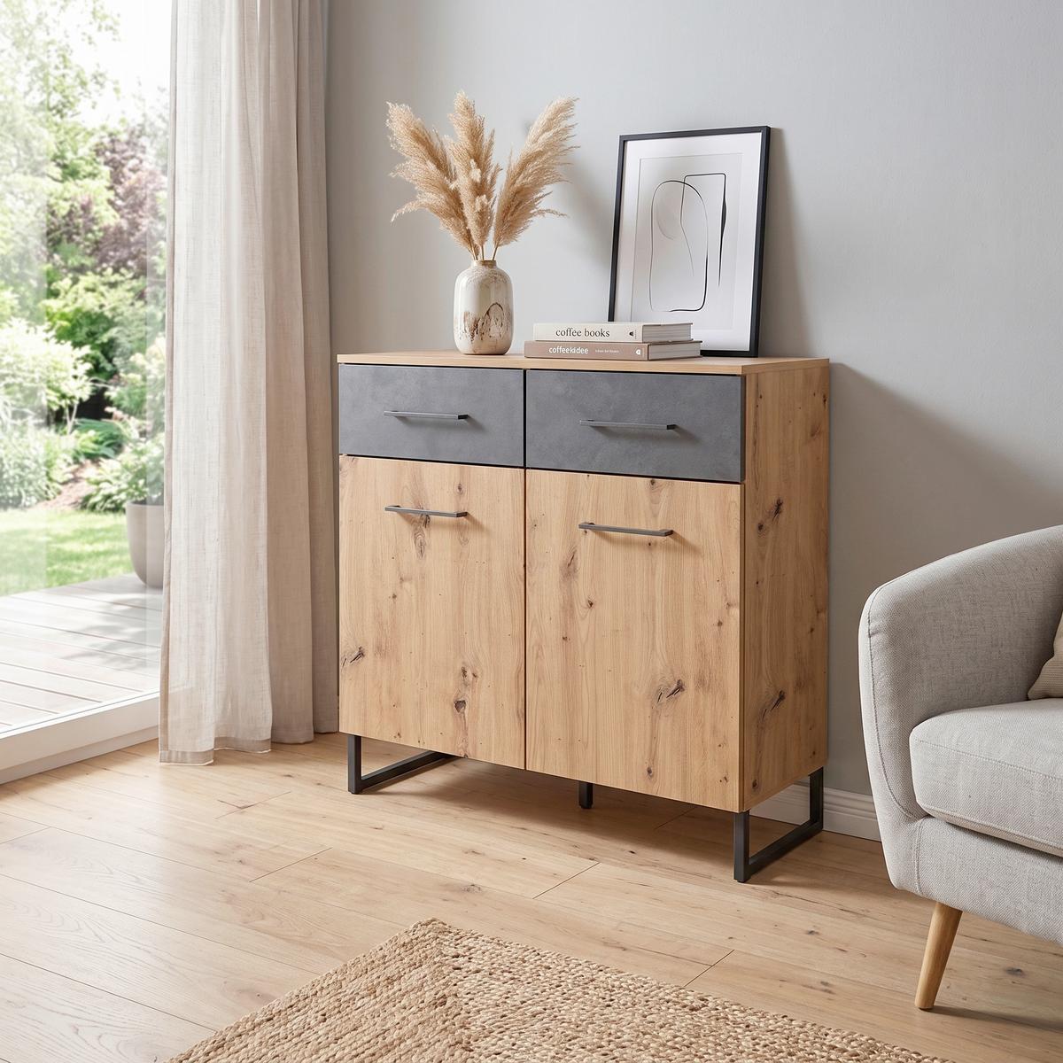 Kommode Tampa Anthrazit/ Graphit/Eiche Dekor B: 93 cm - Anthrazit/Graphitfarben, KONVENTIONELL, Holzwerkstoff (93/92/44cm) - Rauch Möbel