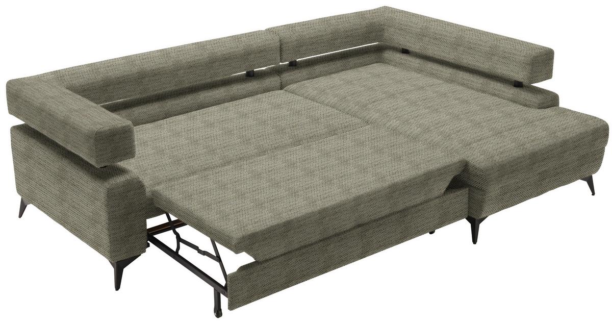 Rohová sedačka ROSALIE, pravá s úložným prostorem a lůžkem - černá/olivově zelená, Konvenční, kov/textil (265/184cm)