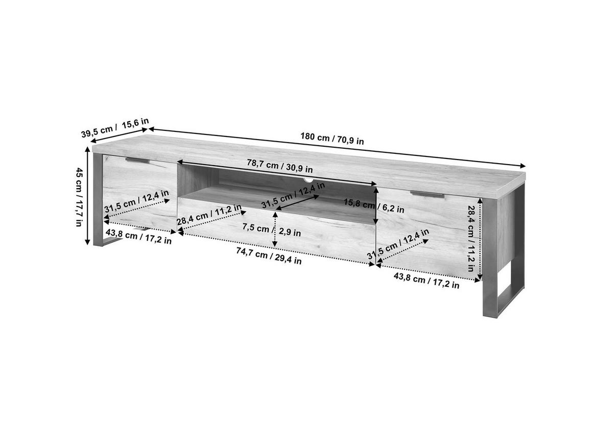 Lowboard Loop TV 180 B: 180 cm Vintage Eiche - Eichefarben/Anthrazit, KONVENTIONELL, Holzwerkstoff (180/45/40cm) - Livetastic