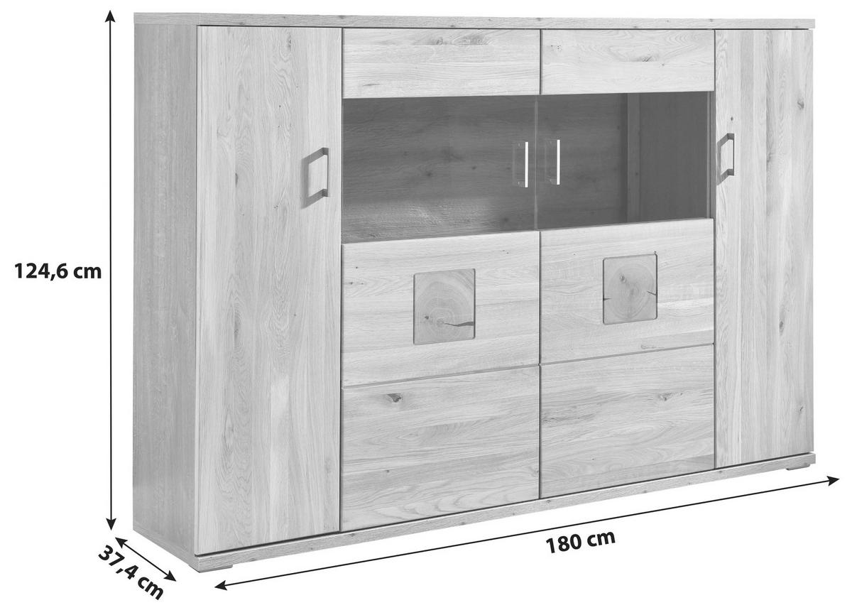Highboard Kansas - Alteiche/Silberfarben, KONVENTIONELL, Glas/Holz (180/124,6/37,4cm) - Livetastic