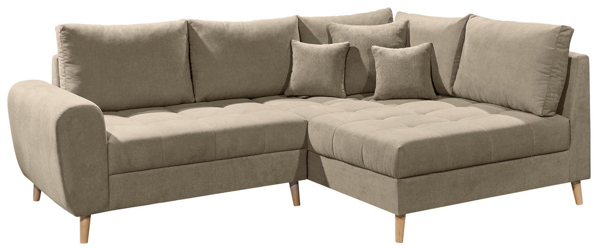Ecksofa mit Holzfüßen + Kissen Alice, Webstoff - Sandfarben/Kieferfarben, KONVENTIONELL, Holzwerkstoff/Textil (249/175cm) - MID.YOU