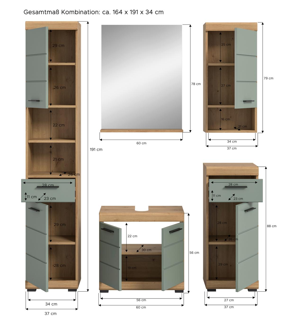 Badezimmer Scout Eiche Dekor/Salbeigrün B:134cm - Salbeigrün/Eichefarben, MODERN, Glas/Holzwerkstoff (134cm) - MID.YOU