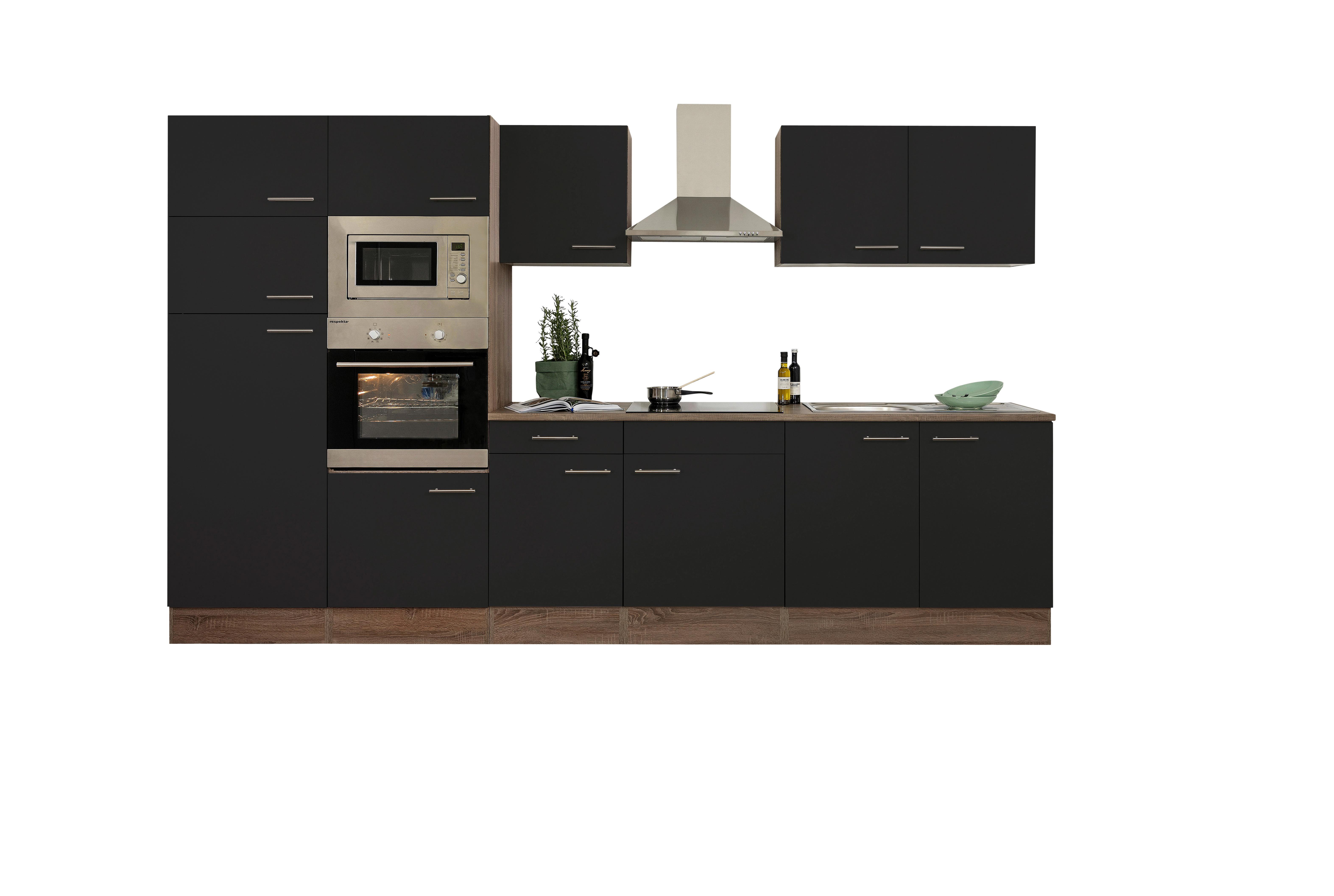 Küchenzeile mit Geräten B: 330 cm Eichefarben/Schwarz - Eichefarben/Schwarz, Design, Holzwerkstoff (330cm) - Respekta