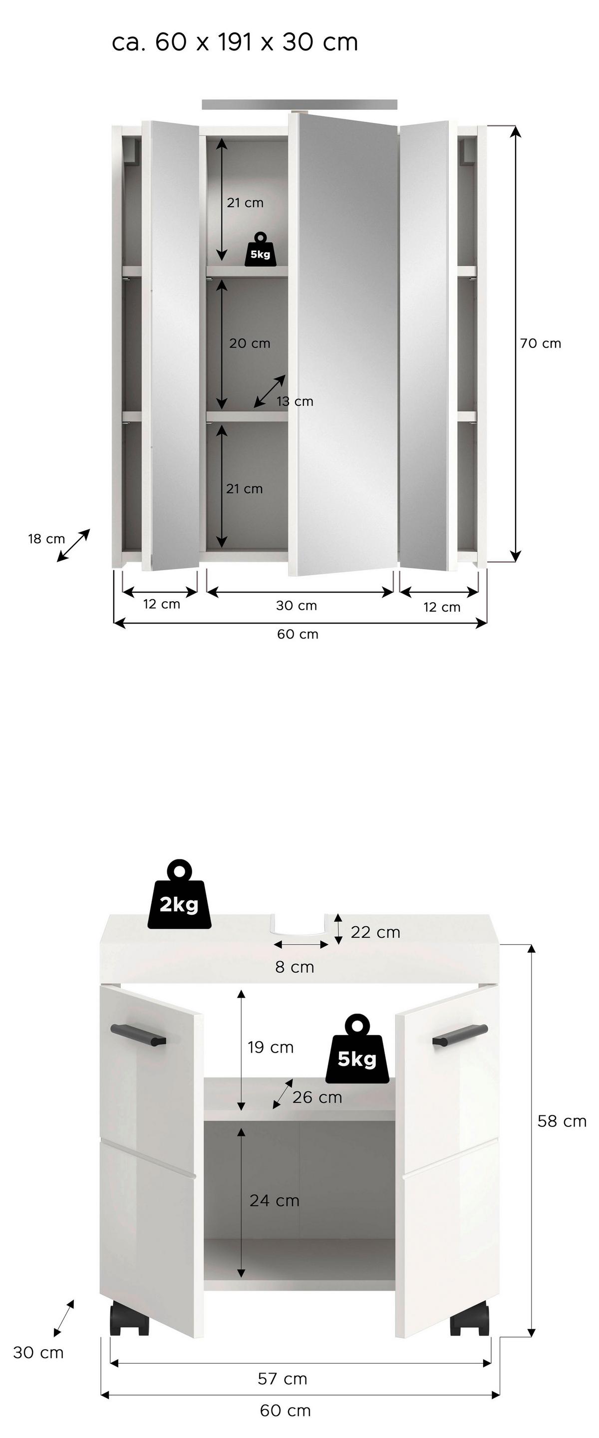 Badezimmer Nova Weiß B: 60cm - Weiß Hochglanz/Schwarz, Trend, Glas/Holzwerkstoff (60cm) - MID.YOU