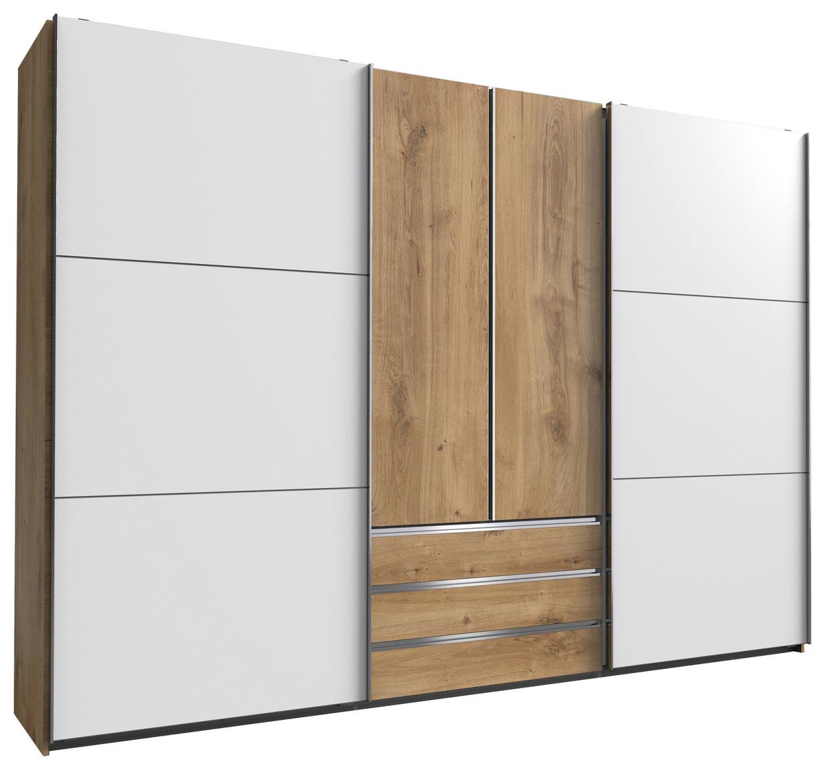 Schwebetürenschränke mit Laden 300 cm Magic, Weiß/Eiche Dekor - Eichefarben/Weiß, MODERN, Holzwerkstoff (300/216/65cm) - MID.YOU