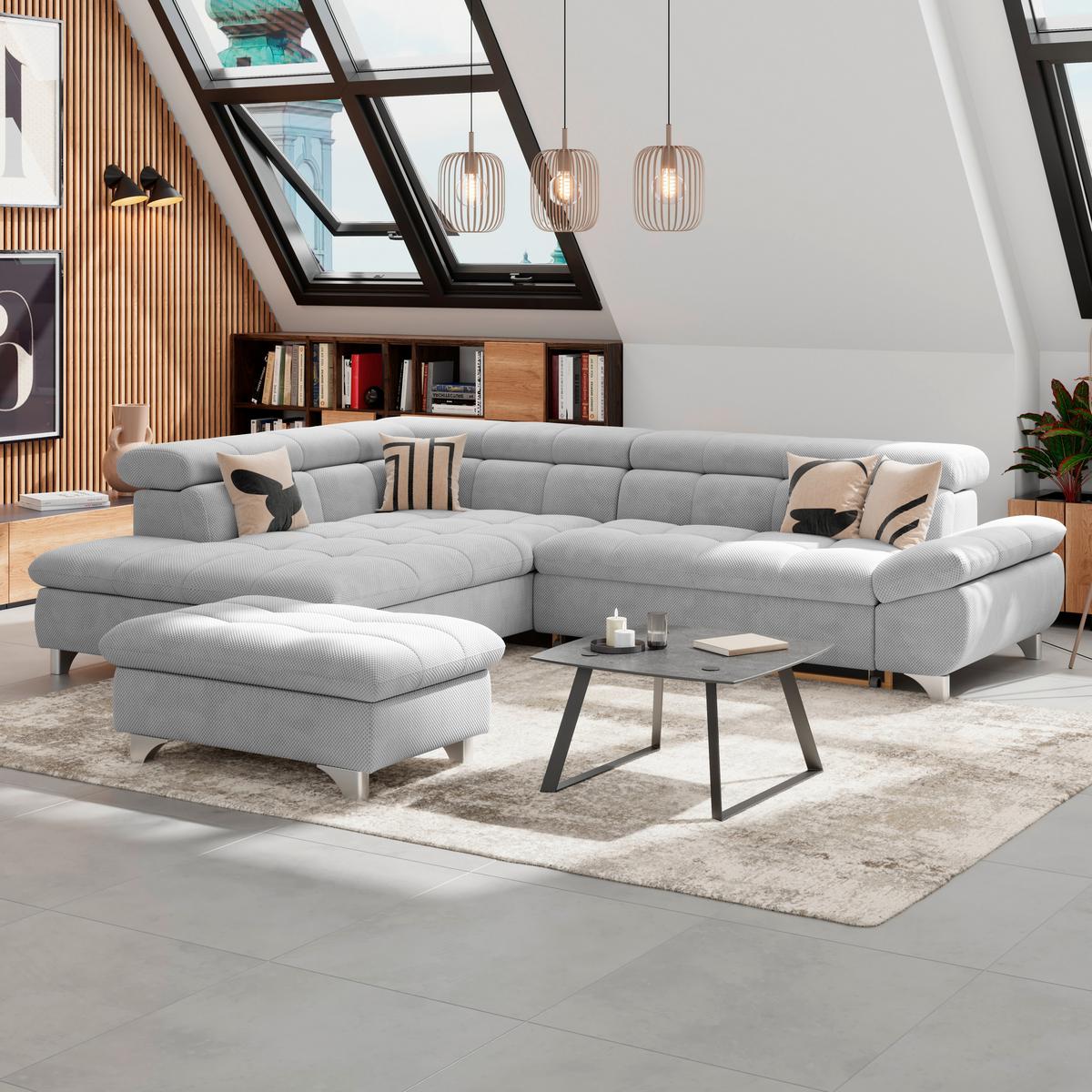 Ecksofa Gemini Hellgrau, B: 234cm - Chromfarben/Hellgrau, KONVENTIONELL, Textil (234/312cm)