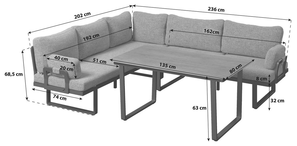 Loungegarnitur Cannes mit Polsterung - Dunkelgrau/Anthrazit, MODERN, Kunststoff/Textil (202/236cm) - Beldano