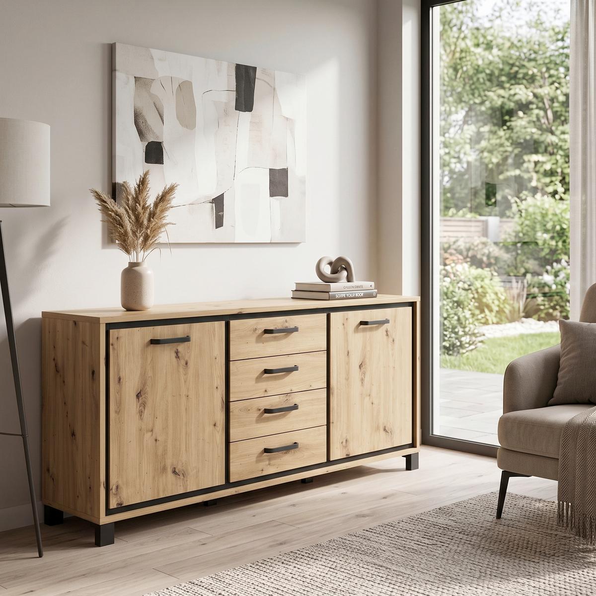 Sideboard B: 178 cm Trondheim, Eiche Dekor/Schwarz - Eichefarben/Schwarz, Basics, Holzwerkstoff/Kunststoff (178.4/81,3/41,5cm) - Livetastic