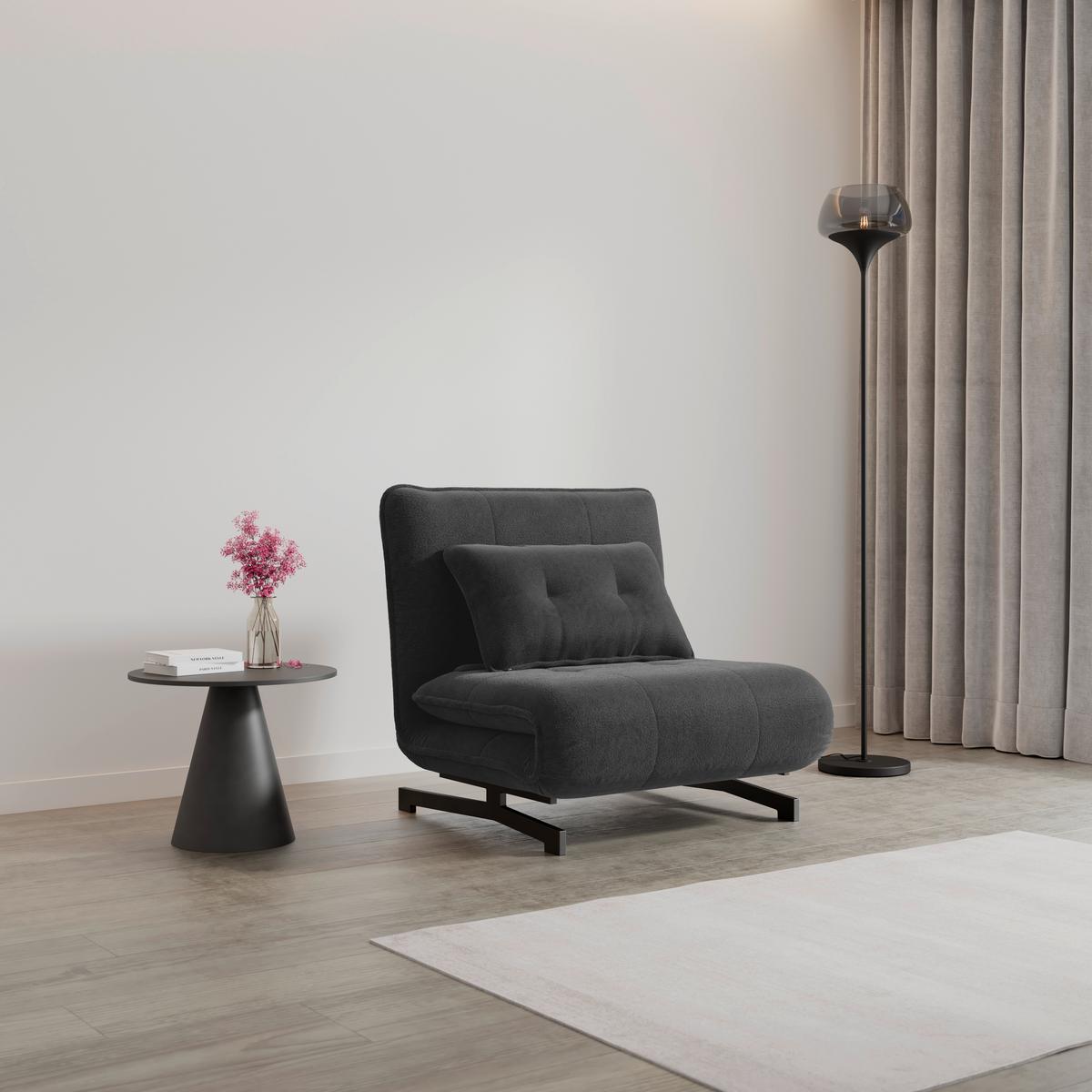 Rozkladacie kreslo LUNA, tmavosivé buklé, max.120 kg - čierna/tmavosivá, Modern, kov/textil (92/40/66cm) - Bessagi Home