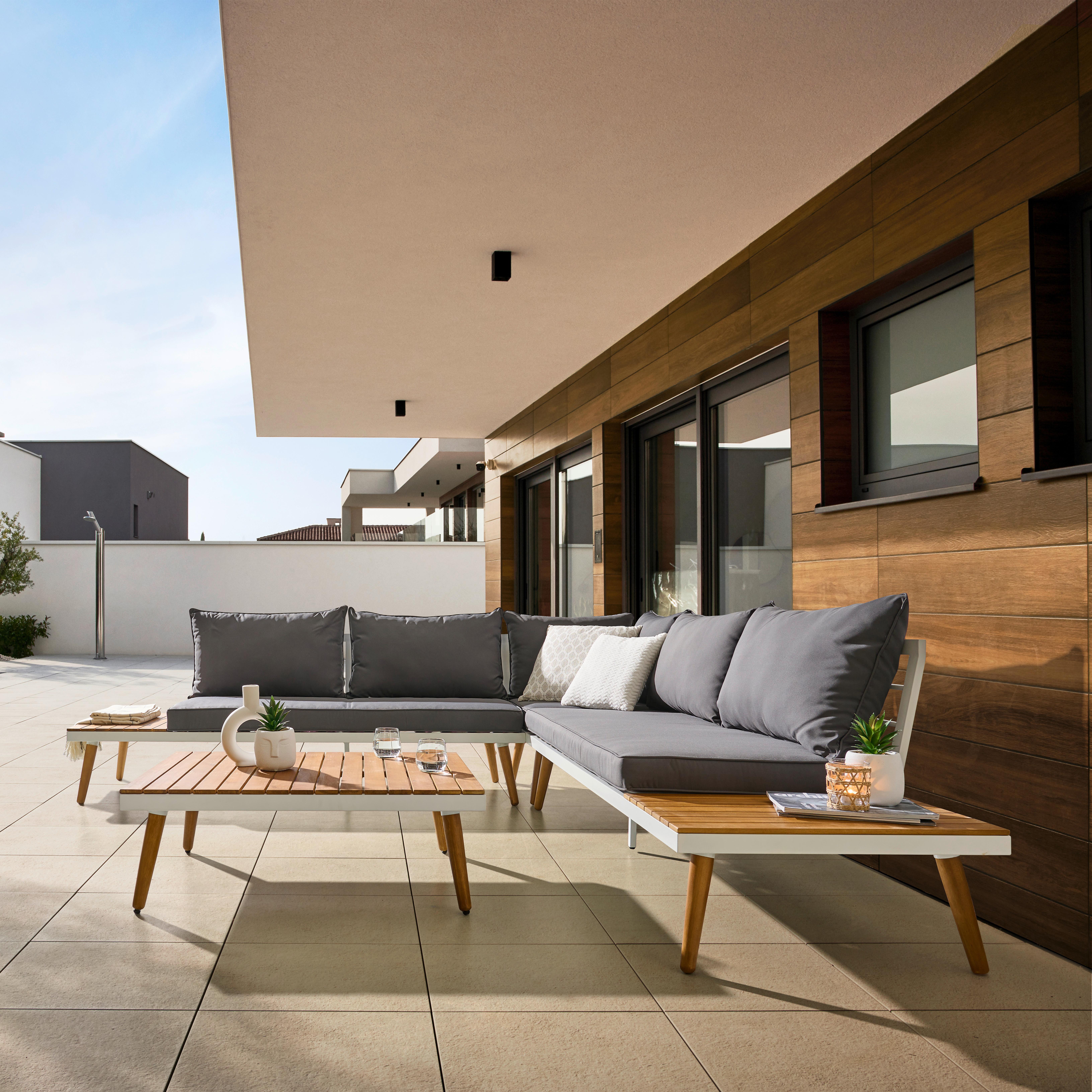 Loungegarnitur 3 -Teilig. Madeira aus Stahl/Holz mit Kissen - Dunkelgrau/Weiß, MODERN, Holz/Textil (90/30/70cm) - Beldano