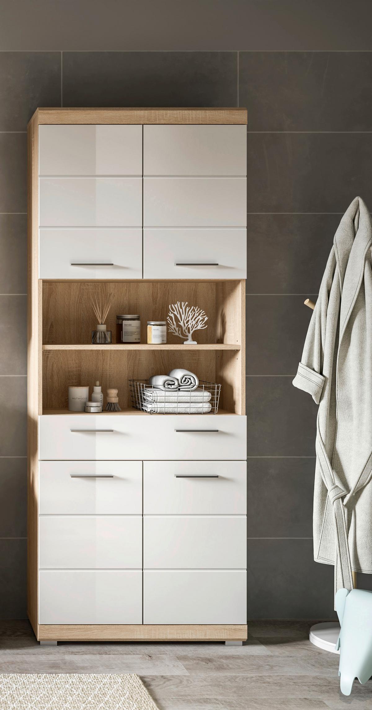 Hochschrank Lambada Weiß Hg Sonoma Eiche Dekor - Weiß Hochglanz/Silberfarben, MODERN, Holzwerkstoff (74/191/31cm) - MID.YOU