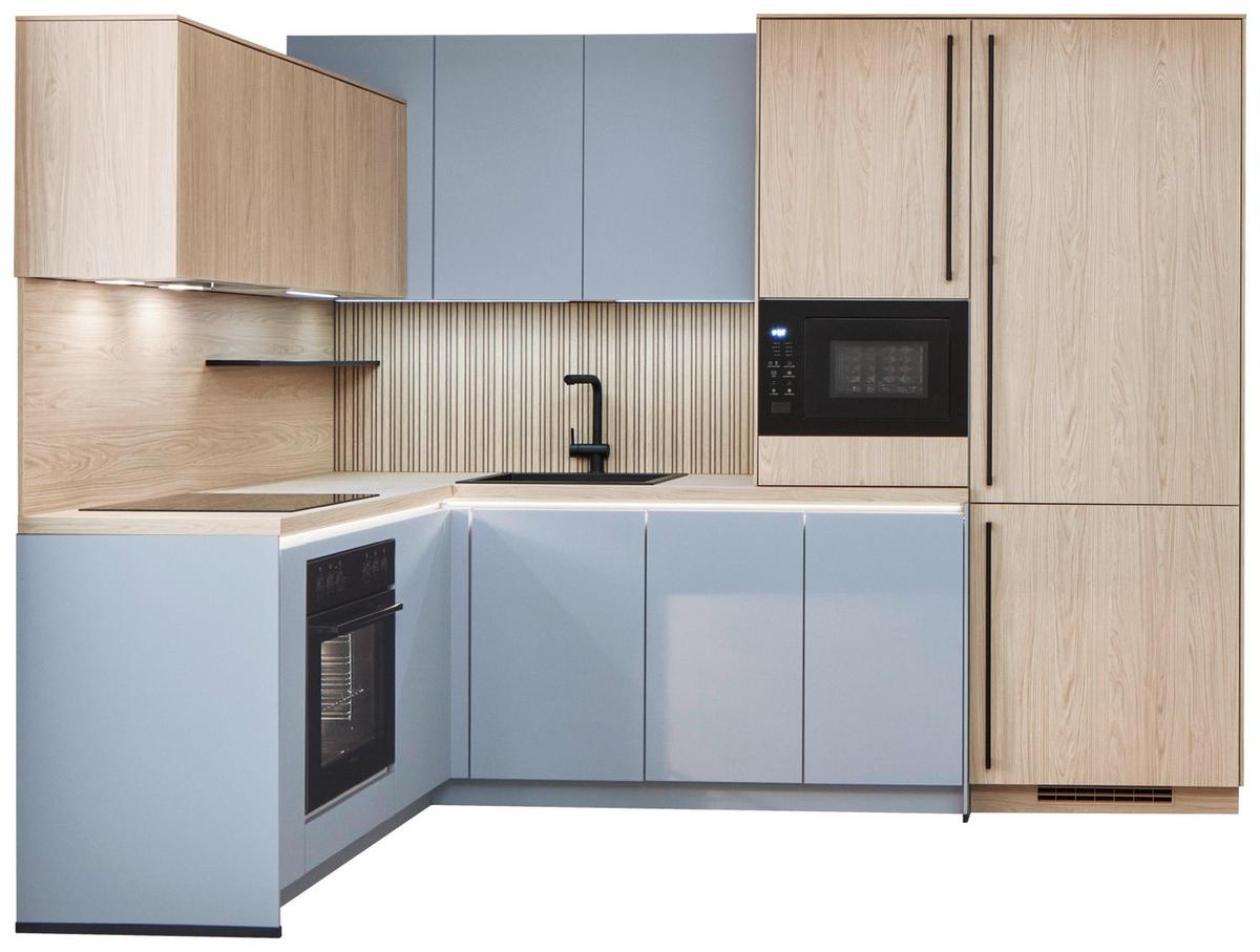 Eckküche Sidney/singapur - Sandfarben/Blau, Basics, Holzwerkstoff (185/288cm) - Vertico