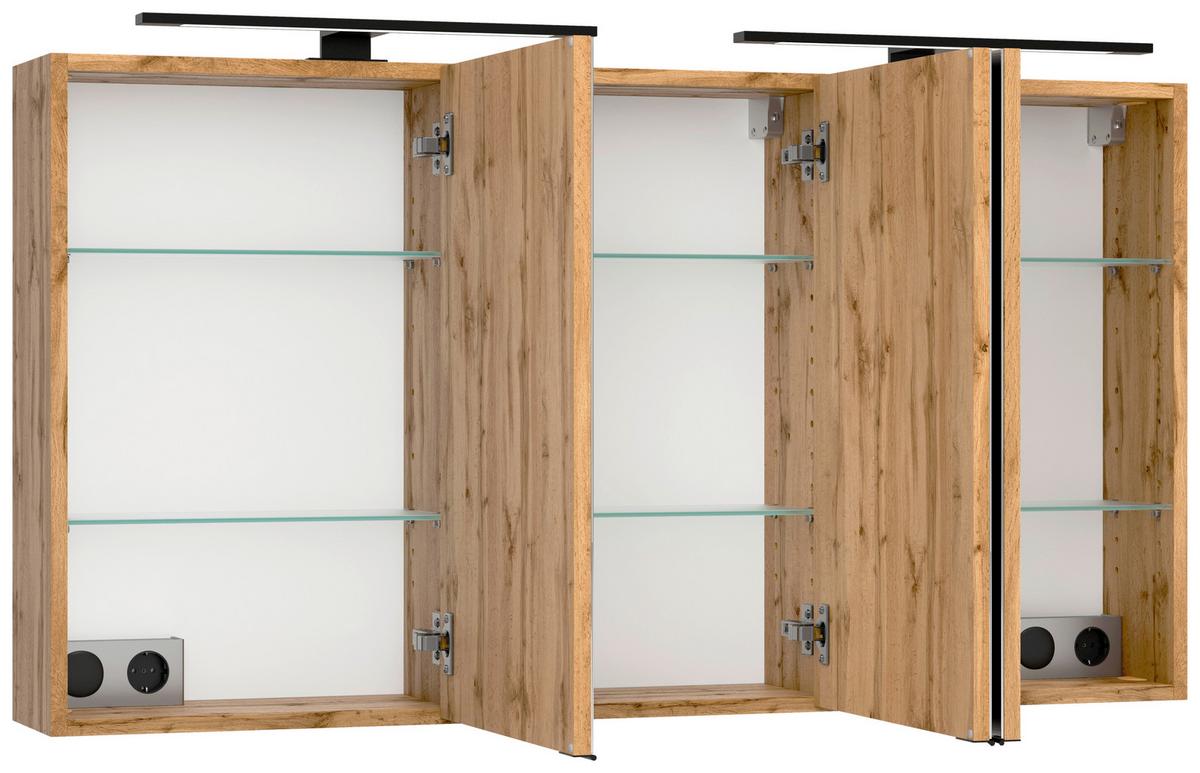 Spiegelschrank Chester mit LED Beleuchtung 3 Türen +Steckdose - Eiche Wotan, MODERN, Glas/Holzwerkstoff (120/64/20cm) - Held