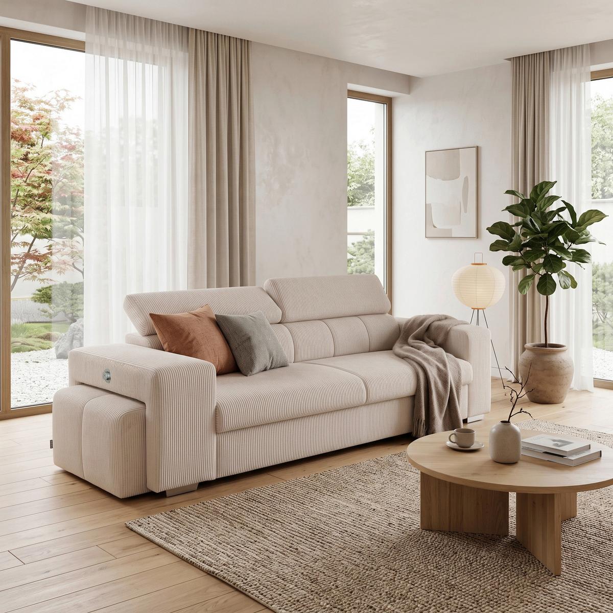 3-SitzerSofa m. Schlaffunktion Sirius S creme, B: 251cm - Creme/Schwarz, KONVENTIONELL, Holz/Holzwerkstoff (251/96/100cm)