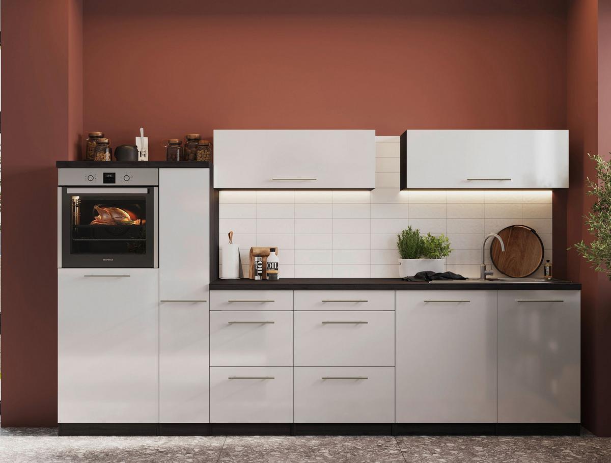 Küchenzeile Premium mit Geräte 310 cm Grau/Weiß + Kochinsel - Weiß/Grau, Basics, Holzwerkstoff (310/160cm) - Respekta