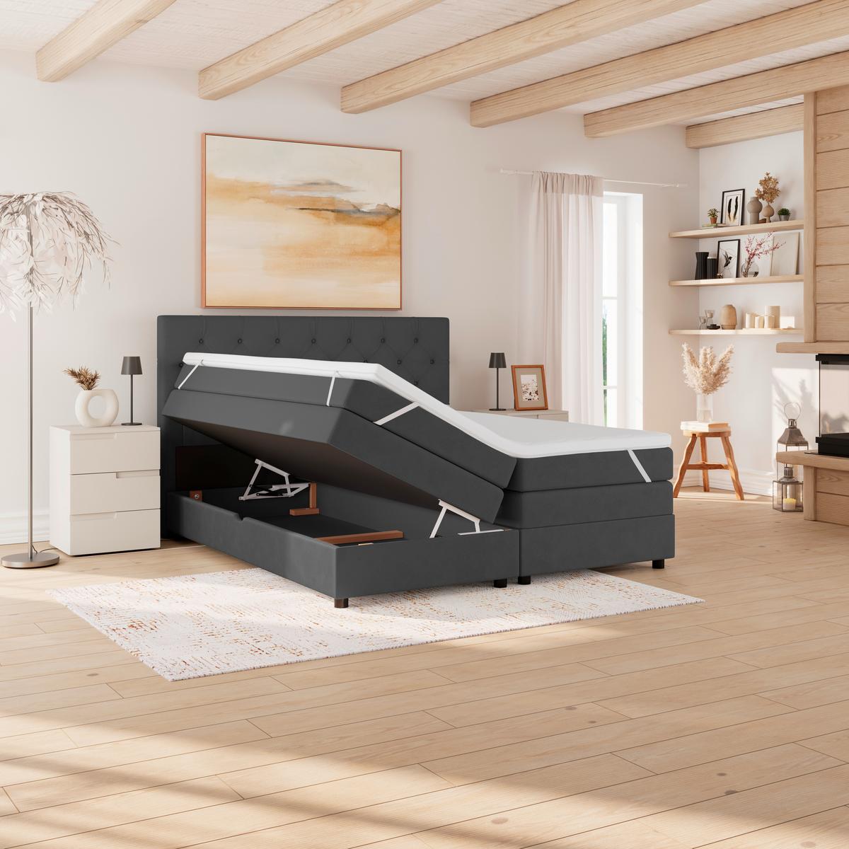 Boxspringbett Elio Graphitfarben 160x200 cm H4 - Schwarz/Graphitfarben, ROMANTIK / LANDHAUS, Textil (164/121/212cm) - James Wood