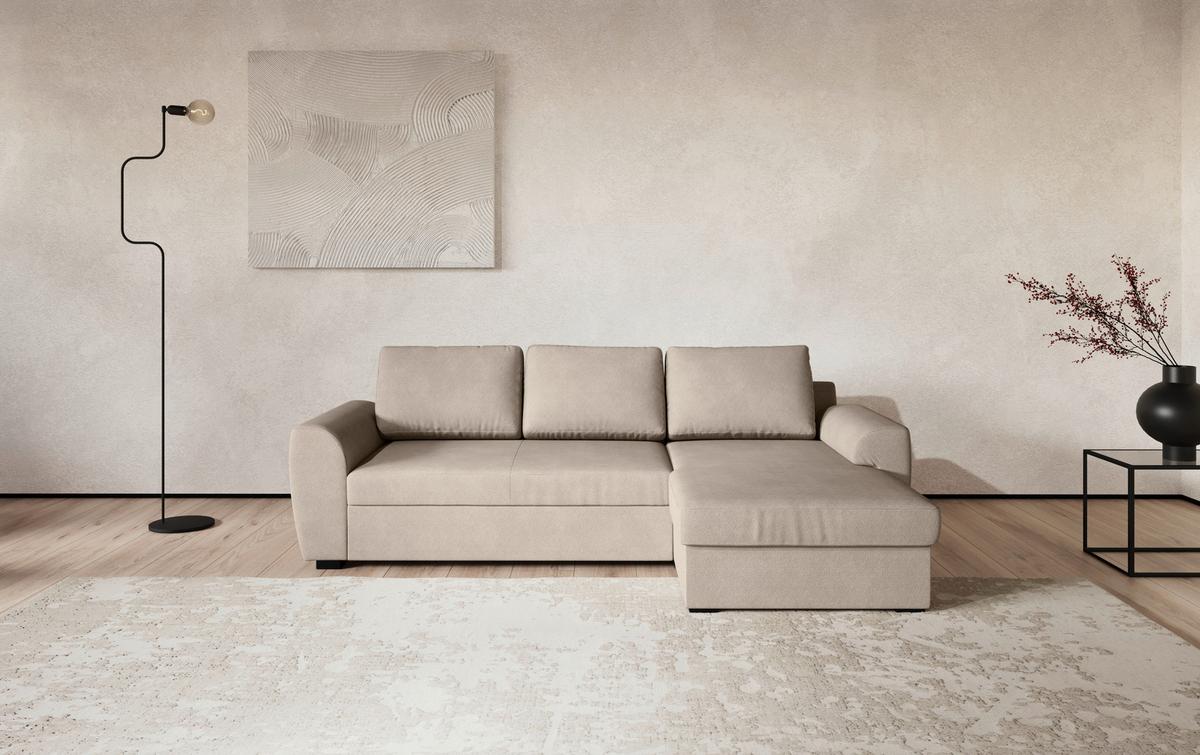 Ecksofa mit Bettfunktion Mikrofaser natur, B: 253cm - Schwarz/Naturfarben, Trend, Textil (253/154cm) - MID.YOU