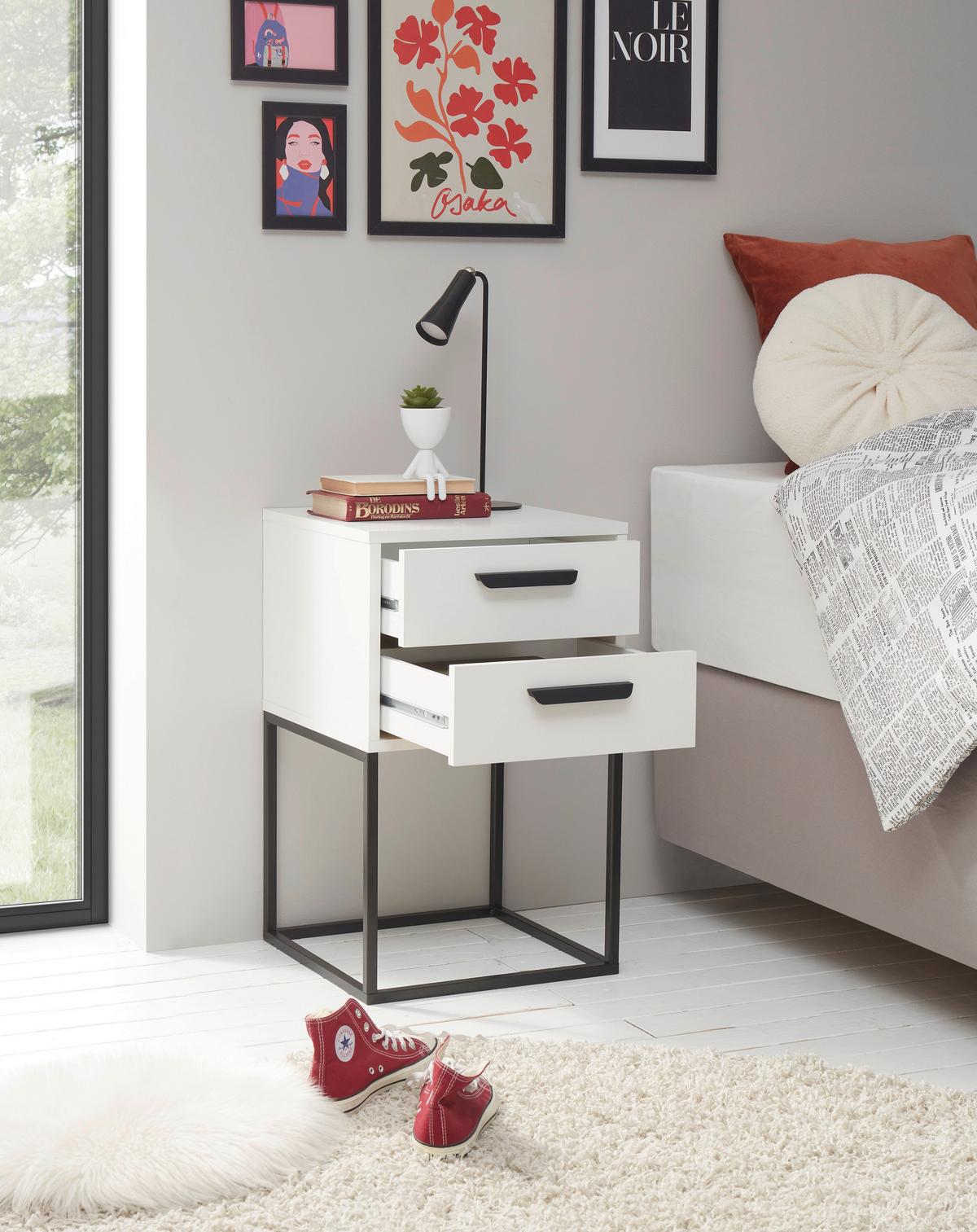 Nachtkästchen Weiß/schwarz H: 65 Cm Suna - Schwarz/Weiß, MODERN, Holzwerkstoff/Metall (40/65/38,5cm) - Livetastic