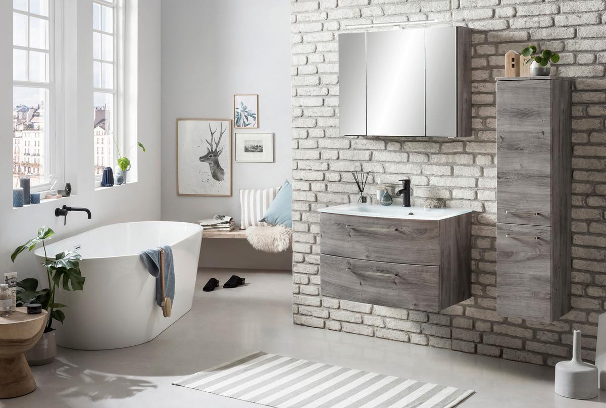 Waschbecken Mit Unterschrank Stockholm B: 80cm Grau Dekor - Eiche grau/Weiß, KONVENTIONELL, Glas/Holzwerkstoff (80cm) - Held