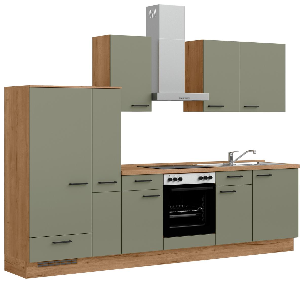 Kuchyňská linka 300 cm, olivově zelená - barvy dubu/černá, Moderní, kov/kompozitní dřevo (300cm) - Nobilia