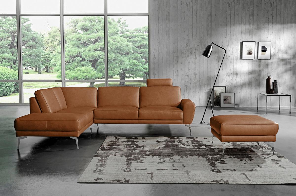 Ecksofa Spring Cognac Chrom, S: 250x273 cm - Chromfarben/Cognac, Design, Leder (250/273cm) - Livetastic