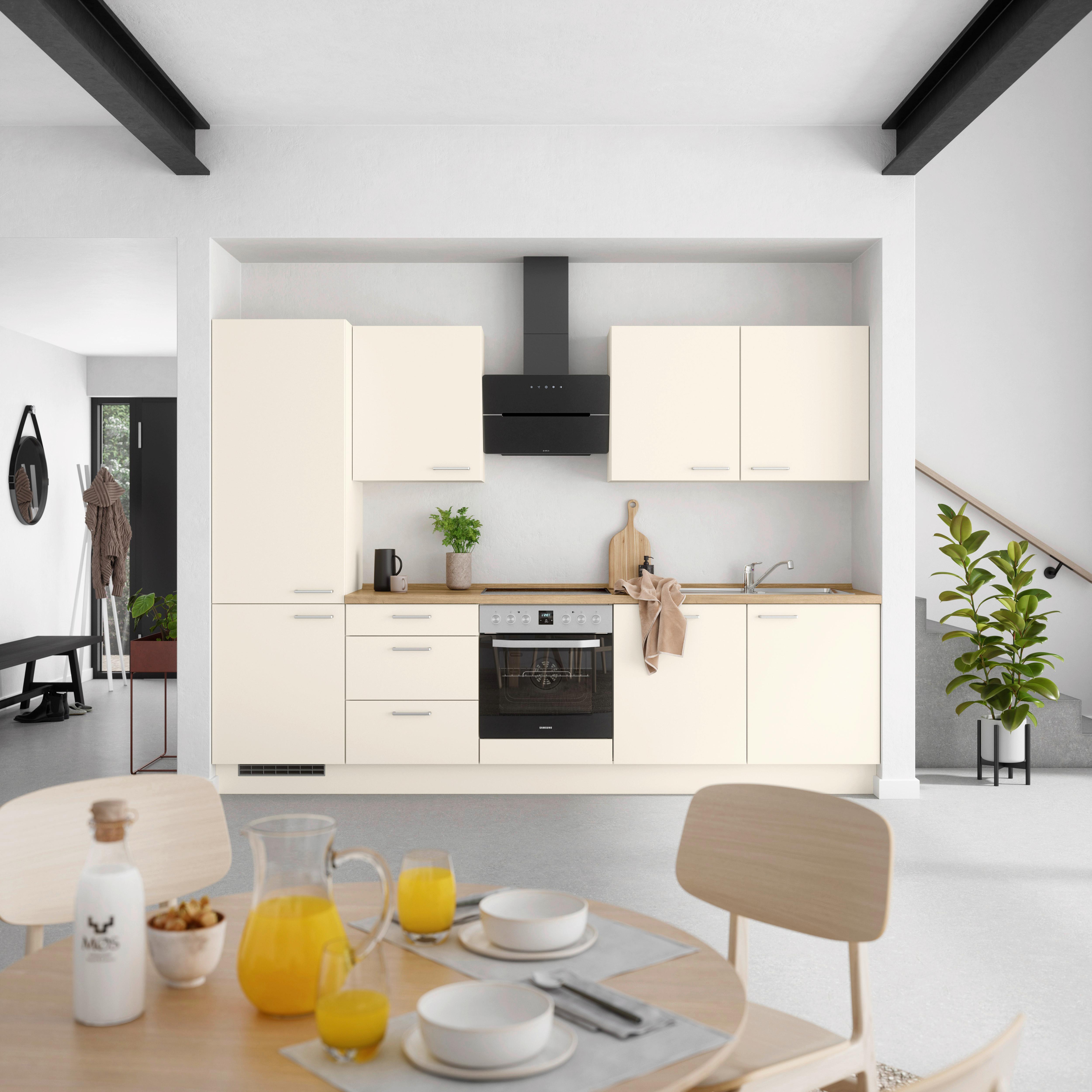Kuchyňská linka 300 cm, magnóliová supermatná - barvy dubu/magnolie, Moderní, kov/kompozitní dřevo (300cm) - Nobilia