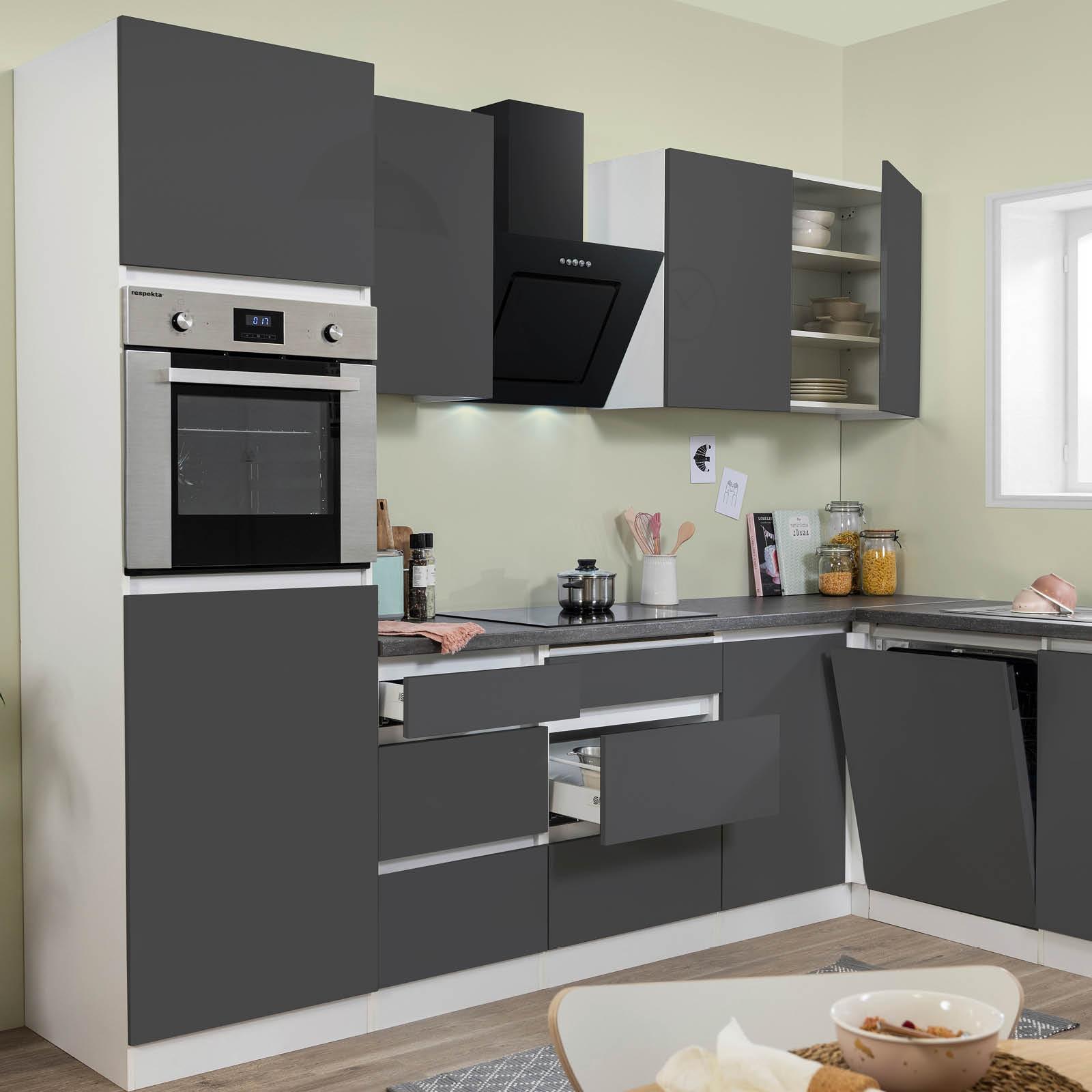 Küchenzeile Premium mit Geräten 280 cm Weiß/Grau Modern - Grau Hochglanz/Weiß, MODERN, Holzwerkstoff (280/172cm) - Respekta