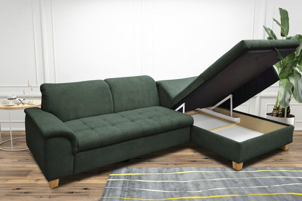 Ecksofa mit Schlaffunktion & Bettkasten Franzi Grün - Eichefarben/Grün, KONVENTIONELL, Textil (279/170cm) - MID.YOU