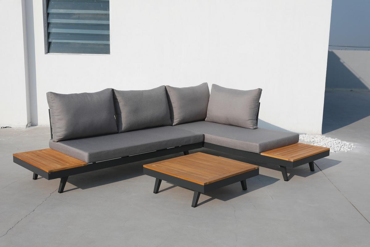Loungegarnitur 3-Tlg. Naxos Holz/Metall/Textil mit Kissen - Anthrazit/Silberfarben, Basics, Holz/Textil (175/175cm) - Gardenson