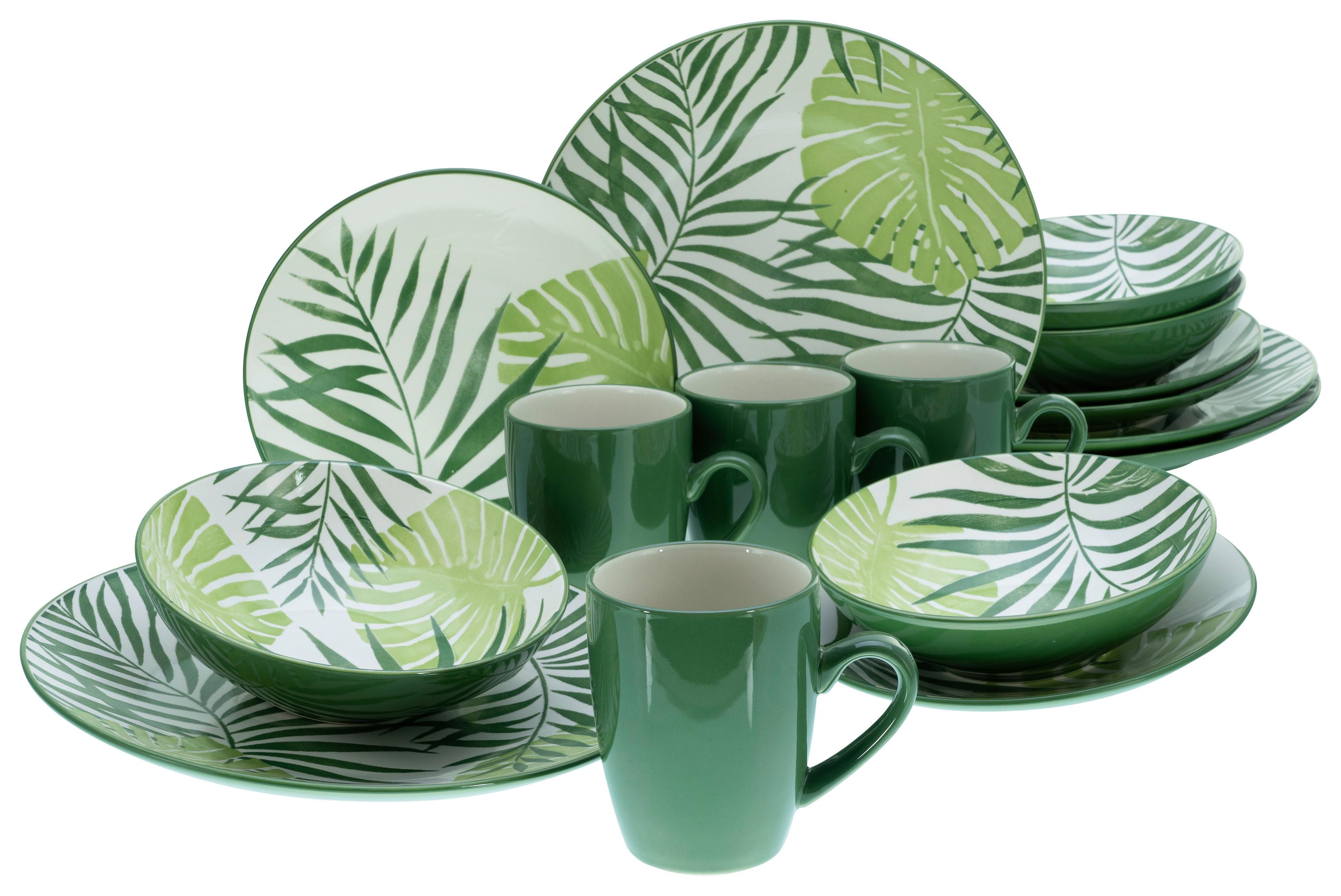 Kombiservice aus Keramik, 4 Personen, Geschirr Set - Weiß/Grün, Basics, Keramik - Creatable