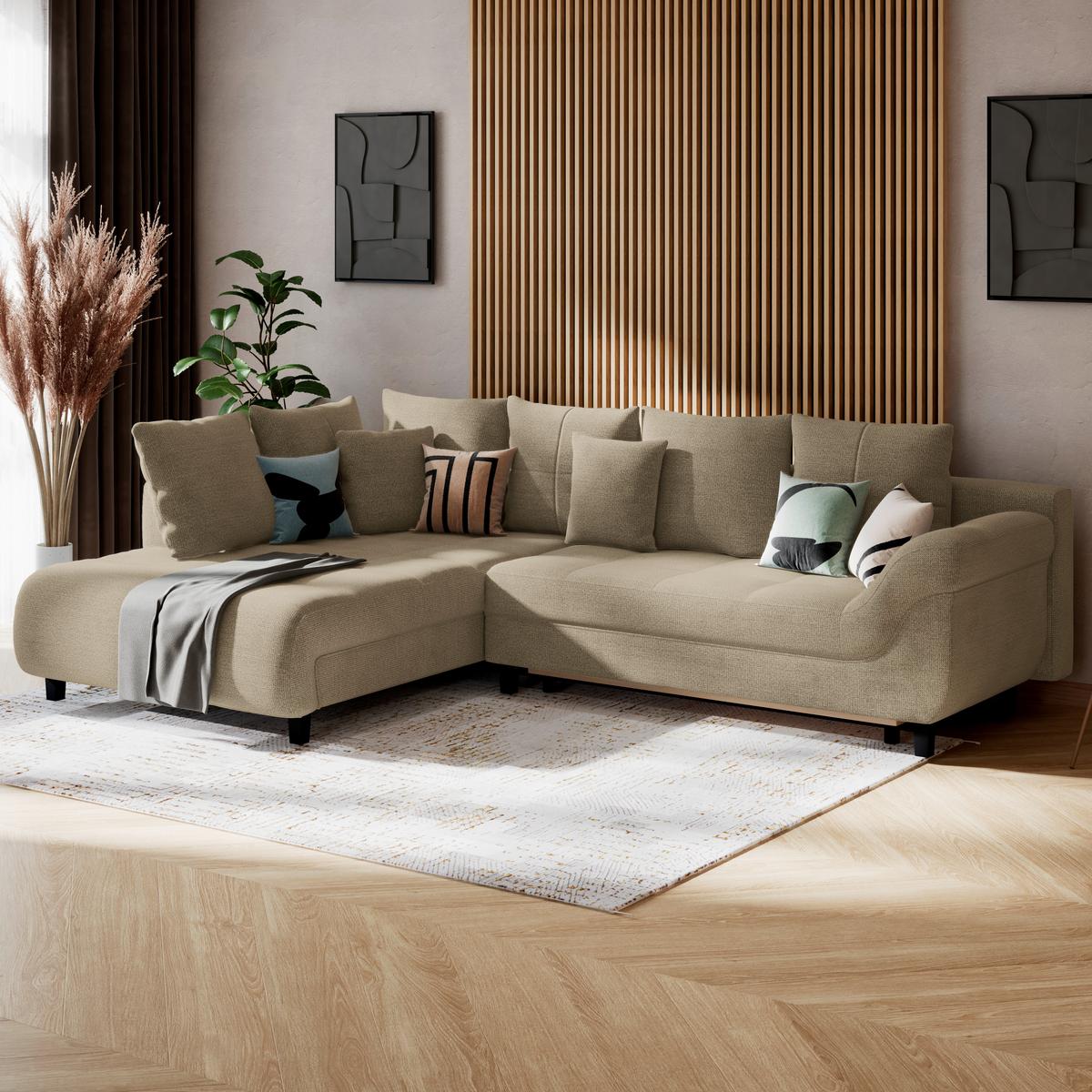 Ecksofa mit Schlaffunktion Mendoza New Chenille 309x197cm - Beige/Schwarz, KONVENTIONELL, Textil (197/309cm) - Ondega