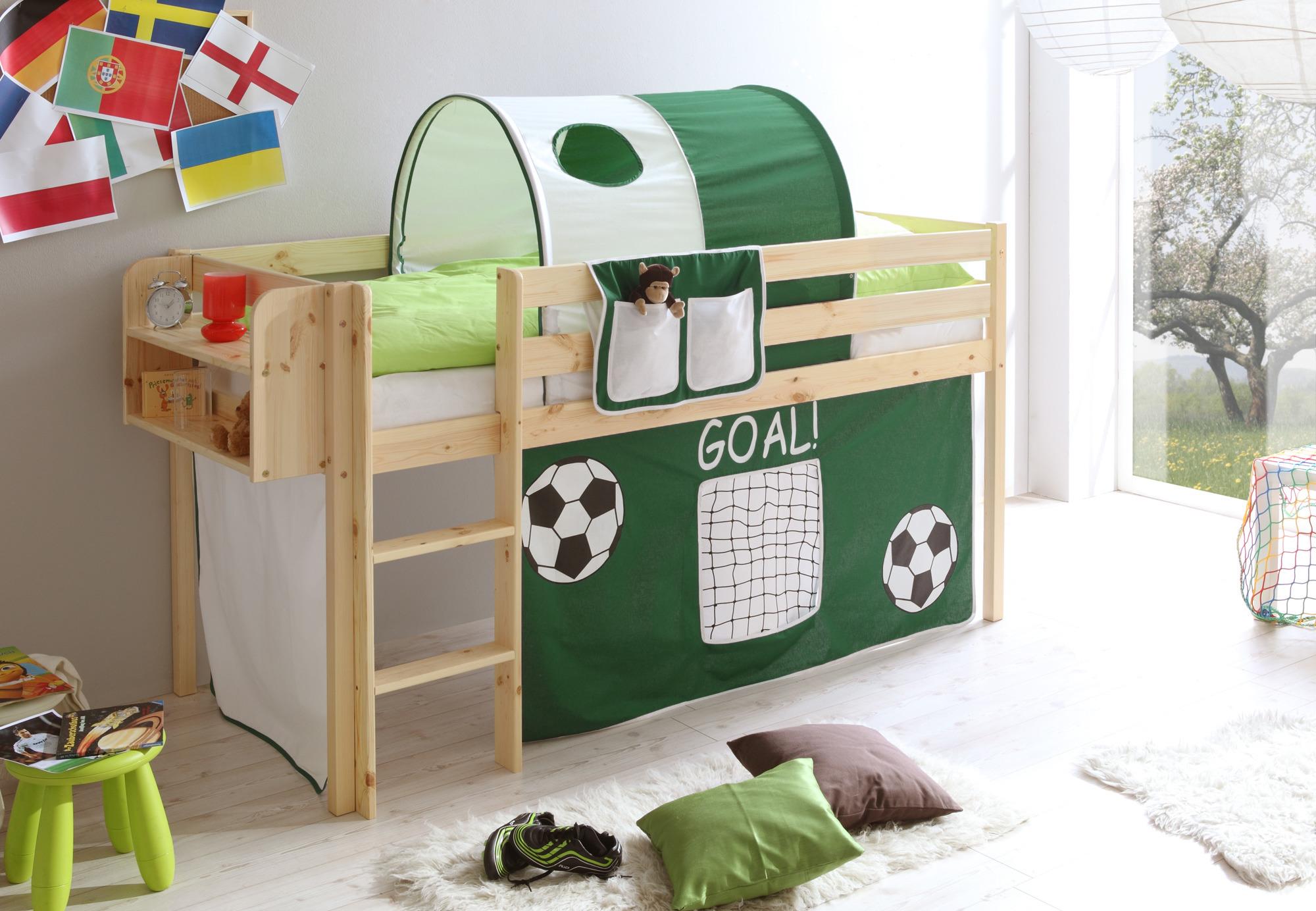 Spielbett Malte Grün Kiefer Massiv 90 cm Vorhang Leiter - Naturfarben/Grün, Natur, Holz (90/200cm) - MID.YOU