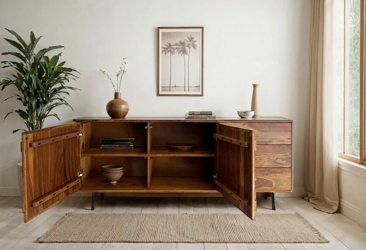 Sideboard Sheeshamfarben B: 175cm - Sheeshamfarben/Schwarz, Natur, Holz (175/70/40cm) - Livetastic