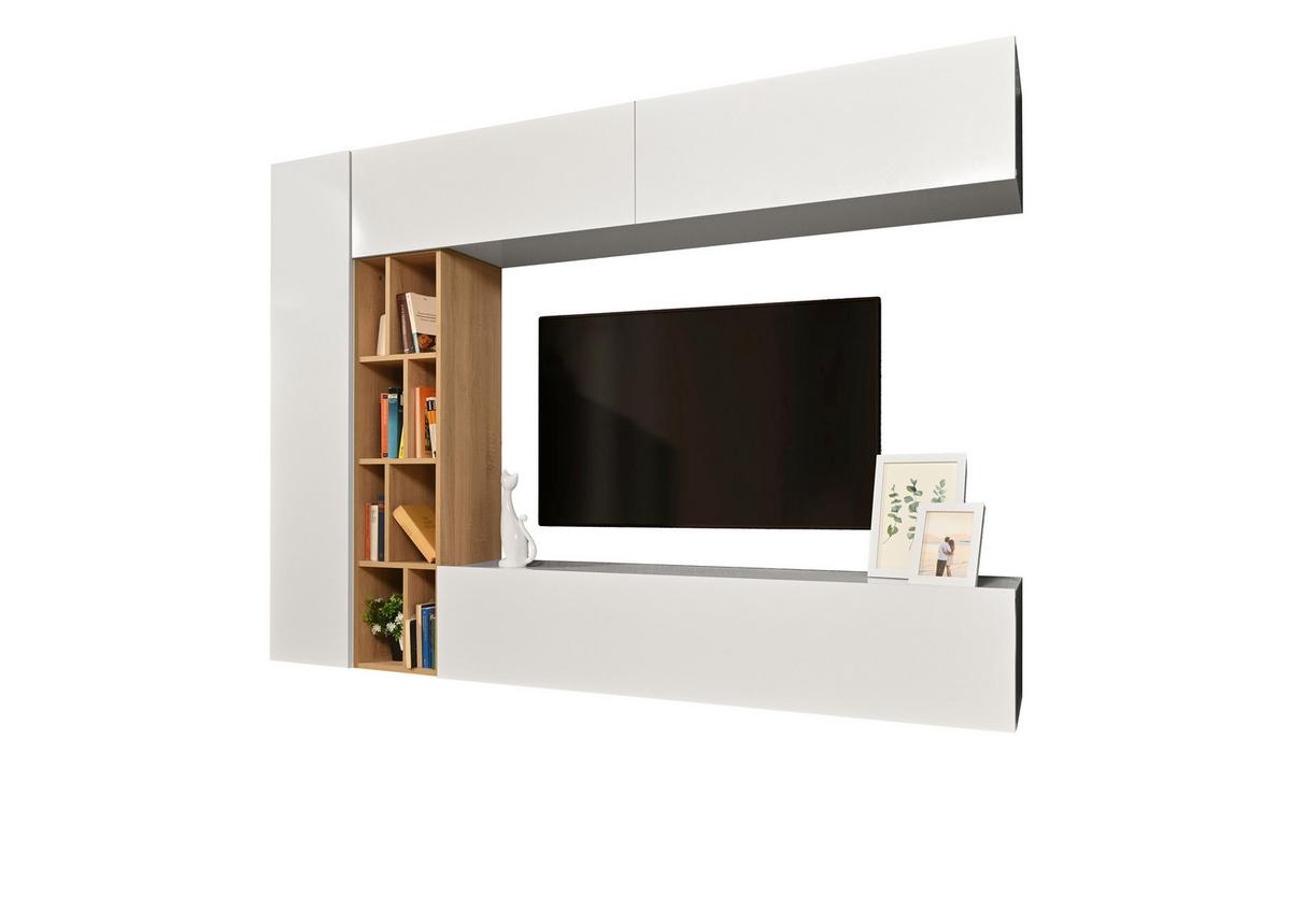 Obývacia stena BRANDY - biela s vysokým leskom/dub sonoma, Modern, kompozitné drevo (224/160/35cm) - Ti'me