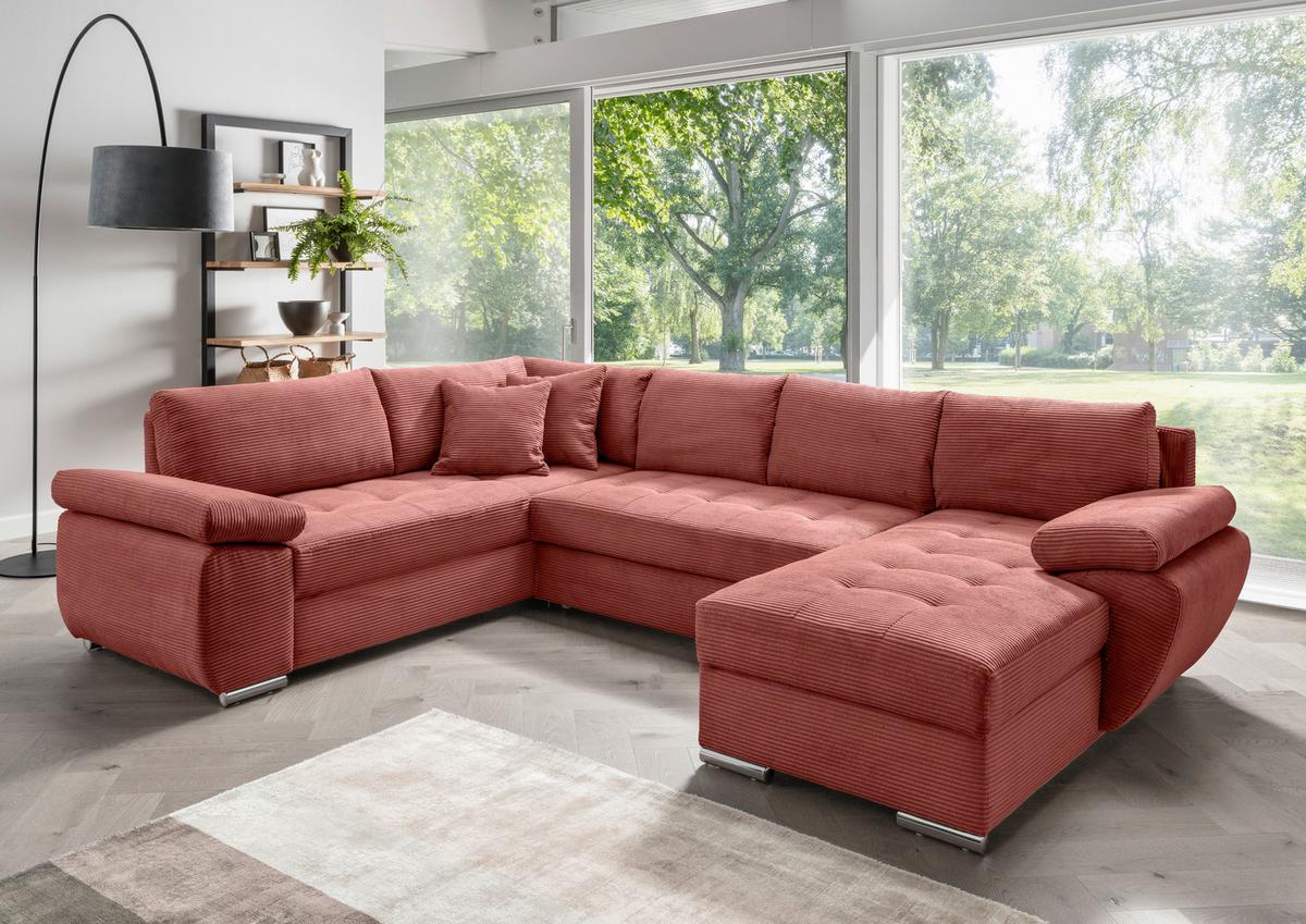 Wohnlandschaft Terana mit Schlaffunktion, Koralle - Chromfarben/Koralle, KONVENTIONELL, Textil (219/305/157cm) - Livetastic