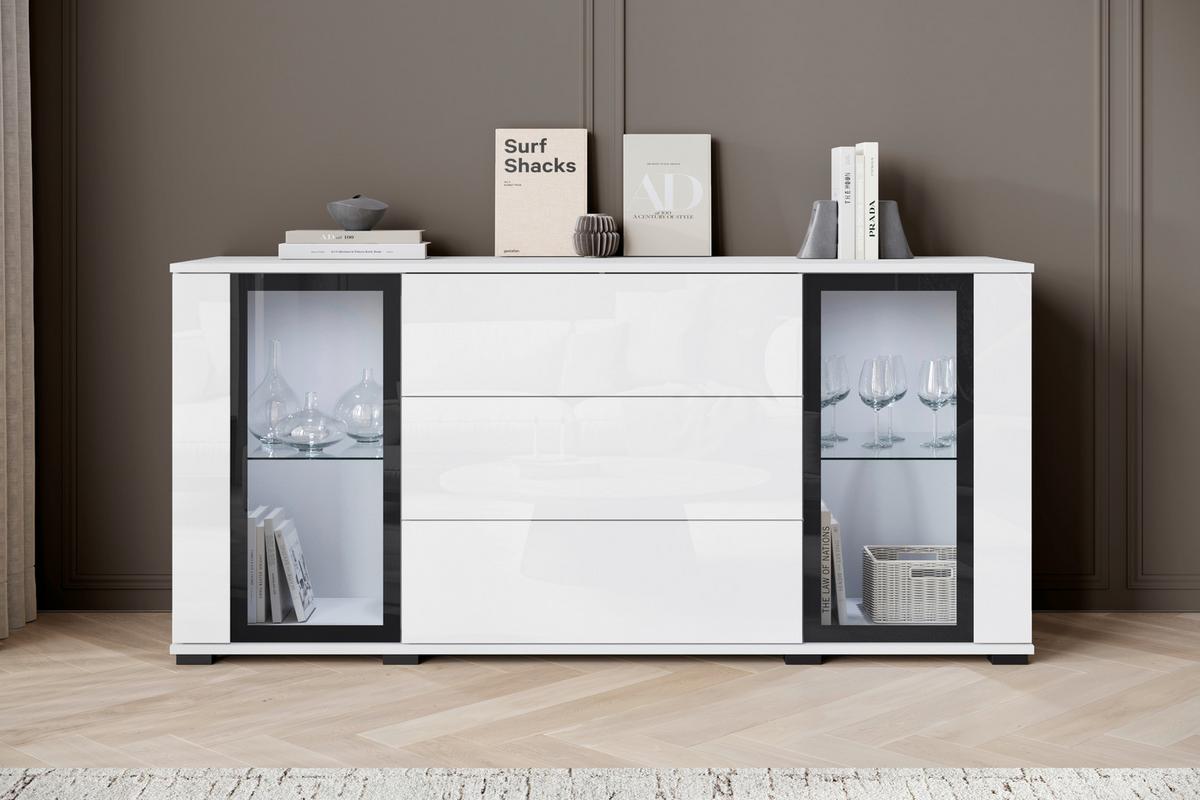Kommode Caro Weiß B: 150 cm - Weiß Hochglanz/Schwarz, Design, Glas/Holzwerkstoff (150/69,7/39,5cm) - Livetastic