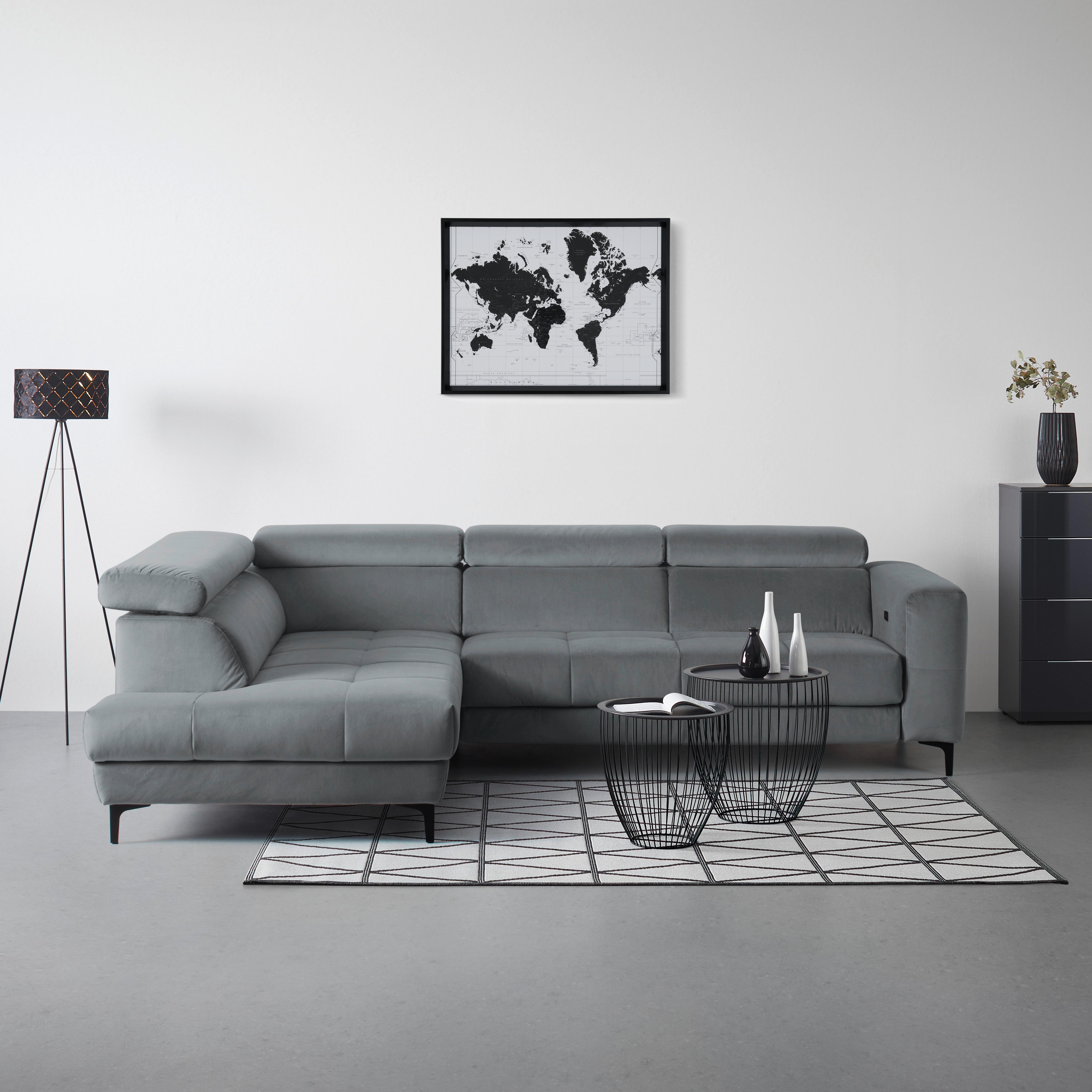Rohová sedačka EMMA, levá, modrošedá,op.hl.,USB,el.výsuv - černá/modrošedá, Moderní, textil (210/301cm) - Premium Living