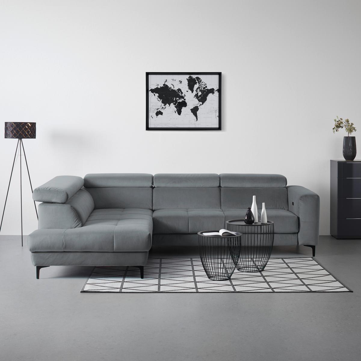 Rohová sedačka EMMA, ľavá, modrosivá,op.hl.,USB,el.výsuv - čierna/modrosivá, Modern, textil (210/301cm) - Premium Living