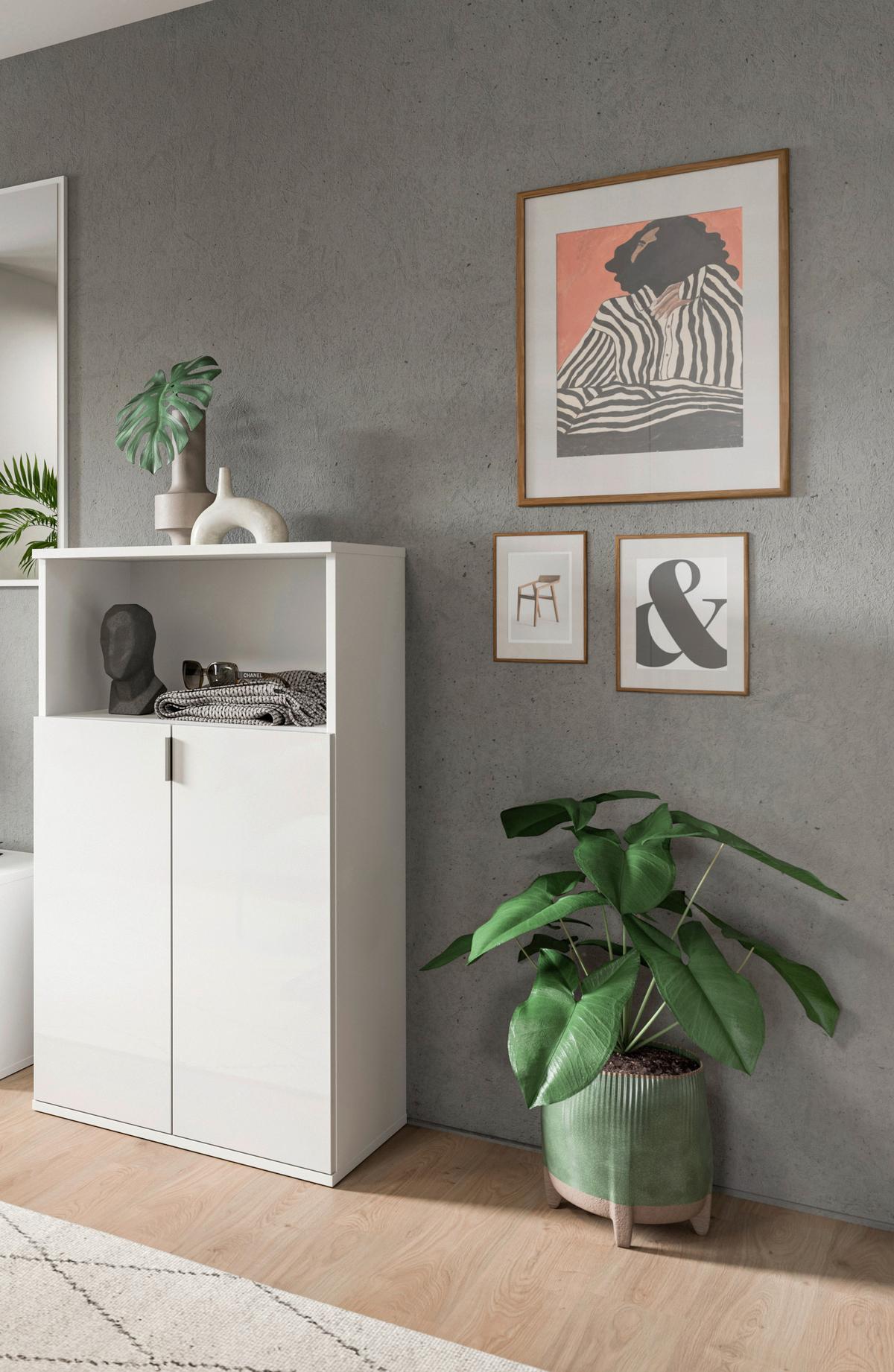 Schuhschrank Projekt X Weiß B: 60 cm - Weiß Hochglanz/Schwarz, Design, Holzwerkstoff (60/110/37cm) - Livetastic