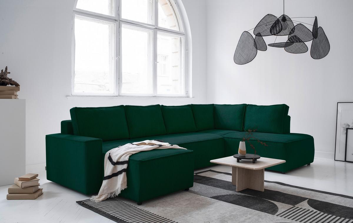 Rohová sedacia súprava OLIVER, tmavozelená, menčester, pravá - čierna/tmavozelená, Design, textil/plast (156/322/194cm) - MID.YOU