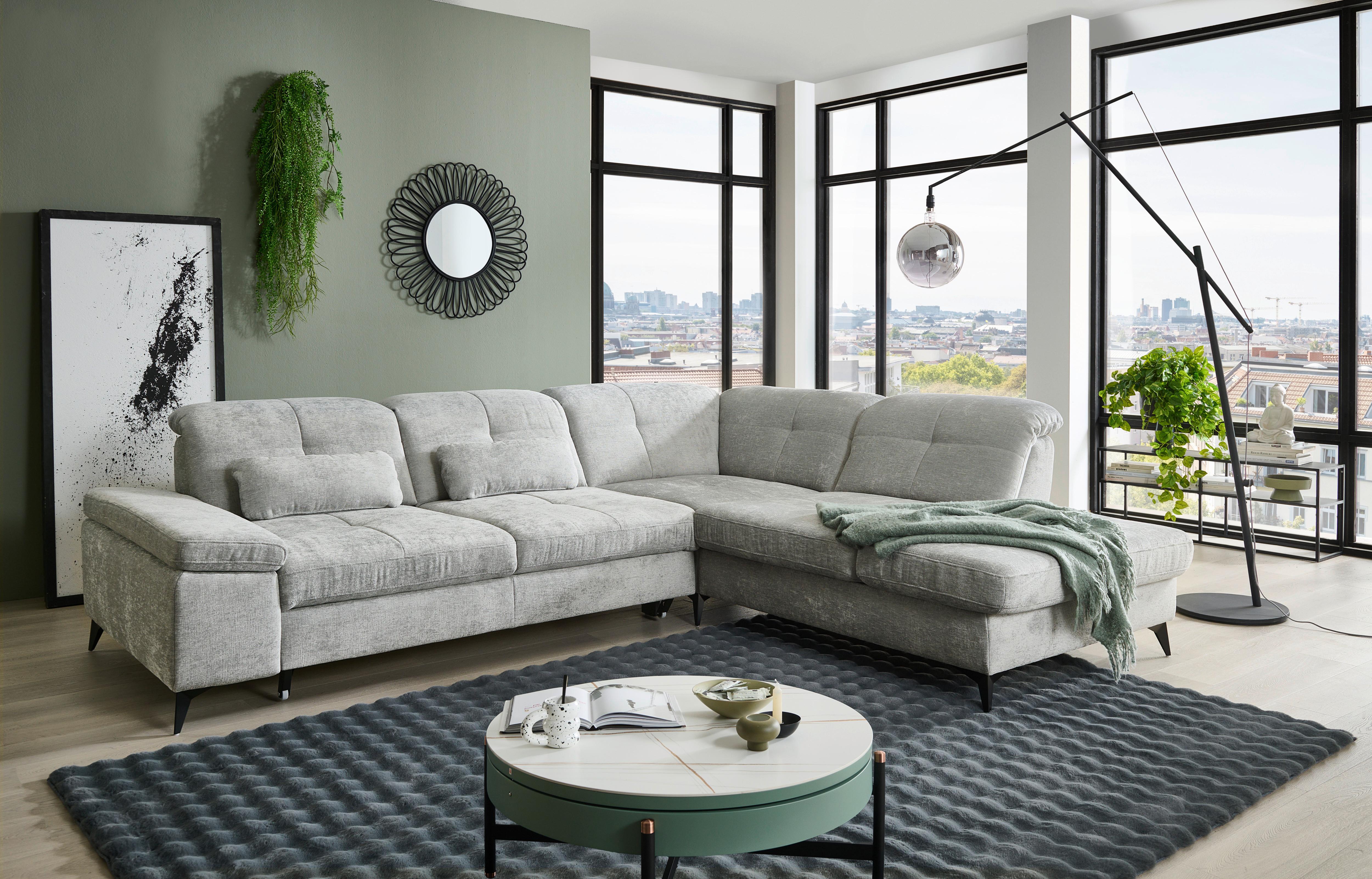 Sedačka SORENA L, pravá, sv.šedá žinylka, bez funkcí - černá/světle šedá, Moderní, kov/textil (311/255cm) - Premium Living