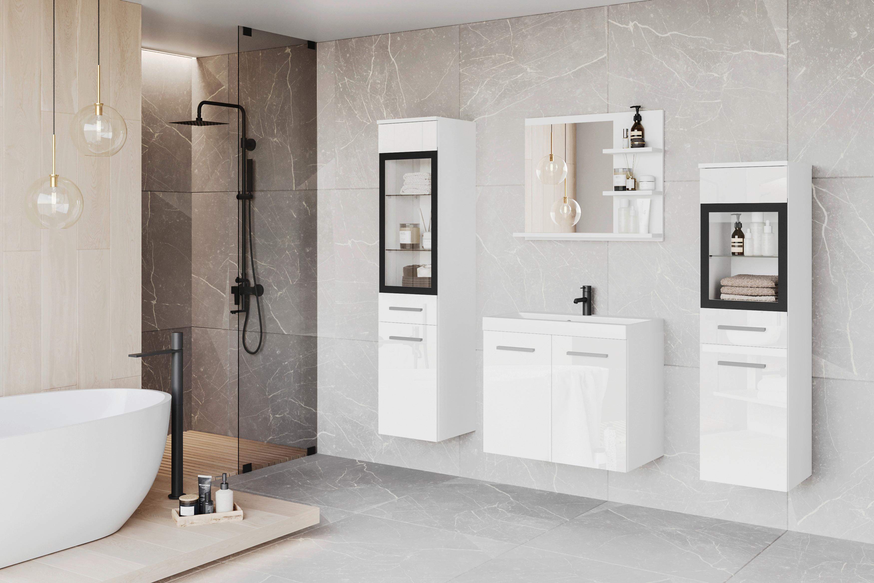 Badezimmer Madrit-Set 5-tlg weiß/weiß HG, B: 120,4 cm - Weiß Hochglanz/Weiß, LIFESTYLE, Glas/Keramik (120,4/131,5/34,5cm) - P & B