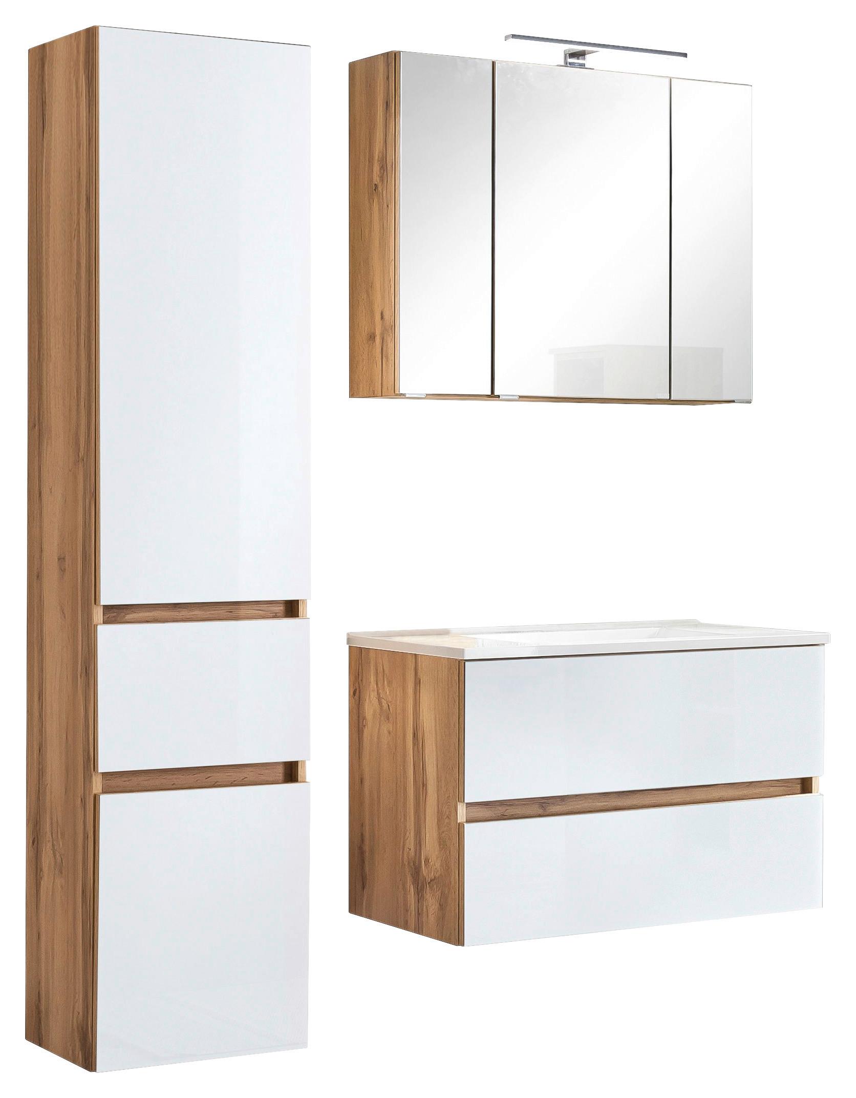 Badmöbel-Set 4-Tlg. inkl. LED Helsinki, Weiß/Eiche - Eichefarben/Weiß, KONVENTIONELL, Glas/Holzwerkstoff (120cm) - Held