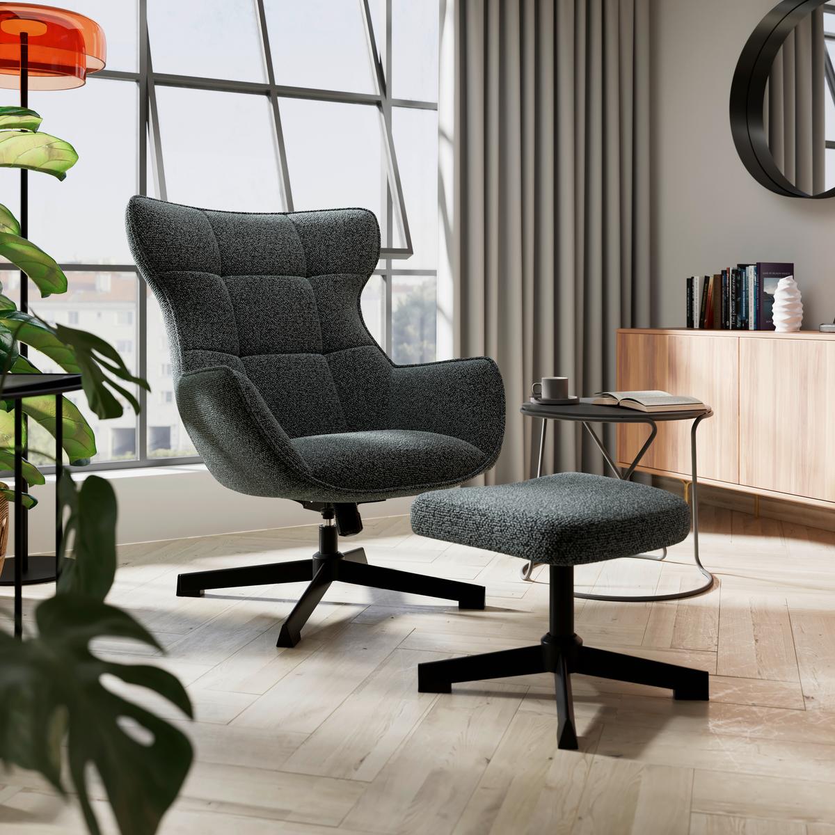 Relaxsessel Bogota Leinenoptik grau, 360° drehbar - Schwarz/Grau, MODERN, Textil/Metall (76/101/86cm) - Luca Bessoni