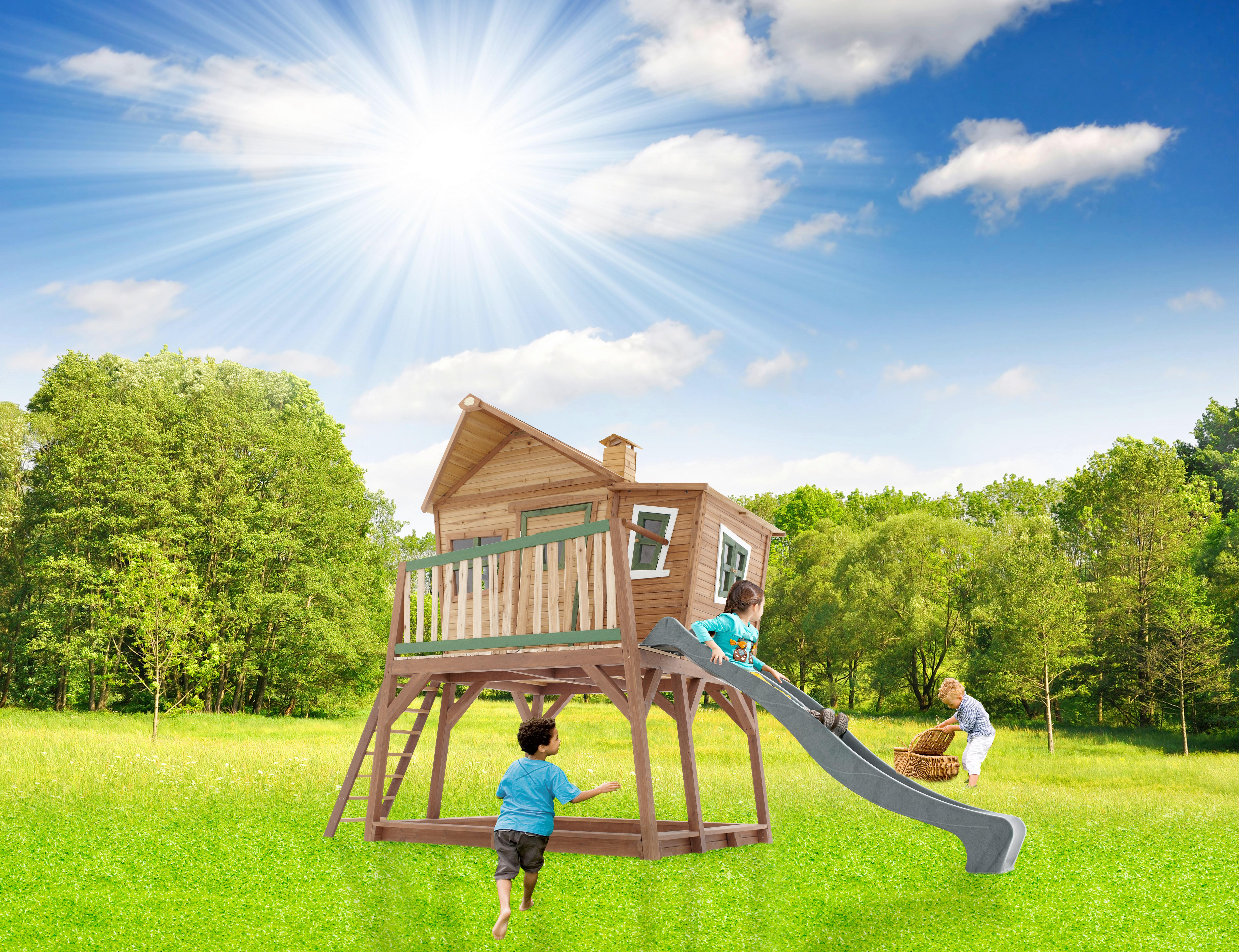 Spielhaus Holz mit Rutsche und Kletterwand Braun Grün Max - Braun/Naturfarben, KONVENTIONELL, Holz (435/291/180cm) - Ambia Garden