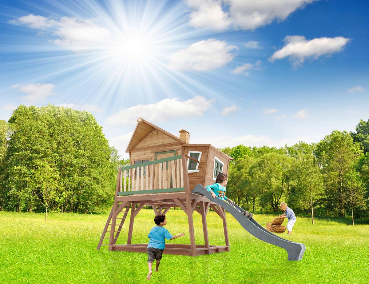 Spielhaus Holz Mit Rutsche Und Kletterwand Braun Grün Max - Braun/Naturfarben, KONVENTIONELL, Holz (435/291/180cm) - Ambia Garden