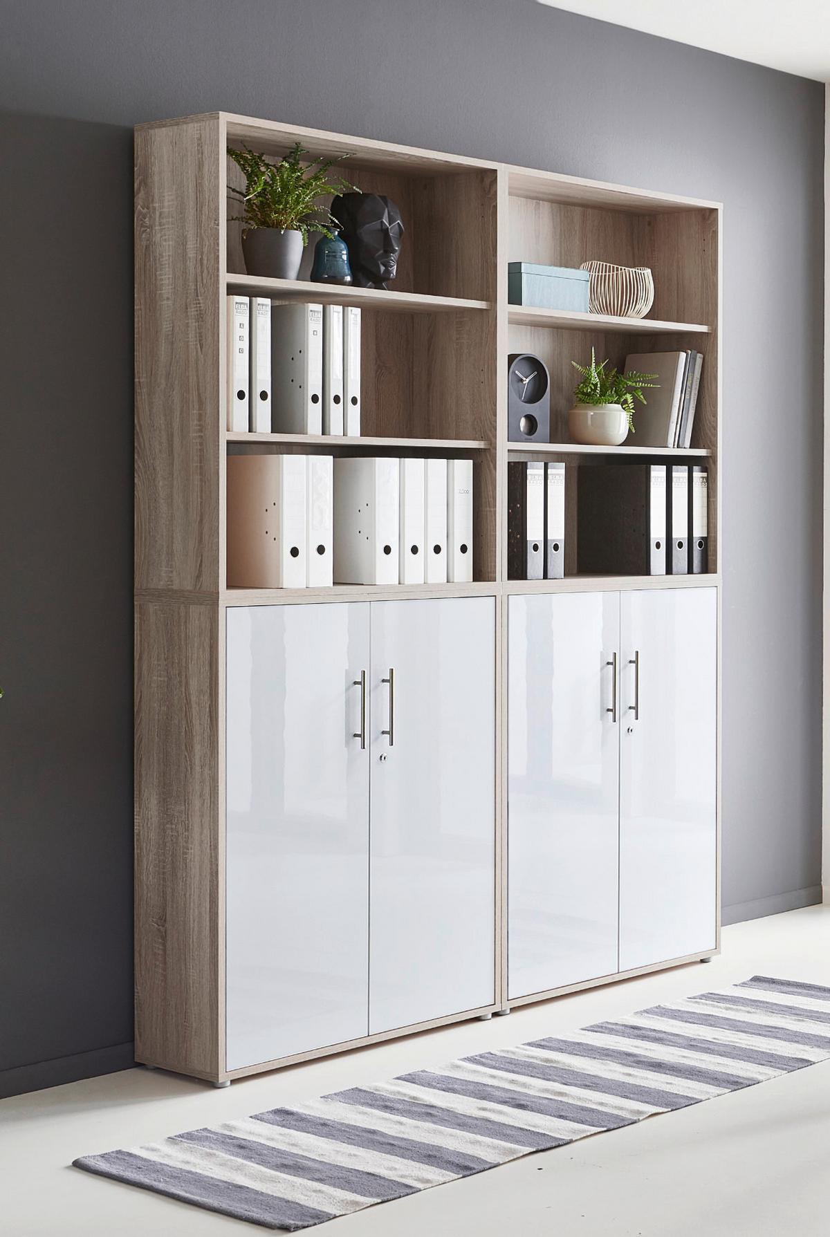 Büro Office Edition Eiche Dekor/Weiß - Weiß Hochglanz/Sonoma Eiche, MODERN, Holzwerkstoff/Metall - MID.YOU