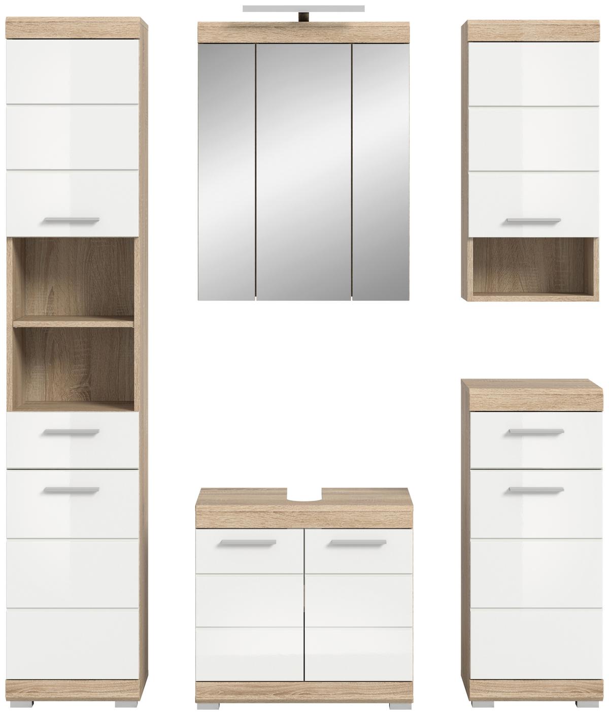 Badezimmer Lambada Eiche Dekor/Weiß B: 134 cm - Weiß Hochglanz/Silberfarben, MODERN, Glas/Holzwerkstoff (134cm) - MID.YOU